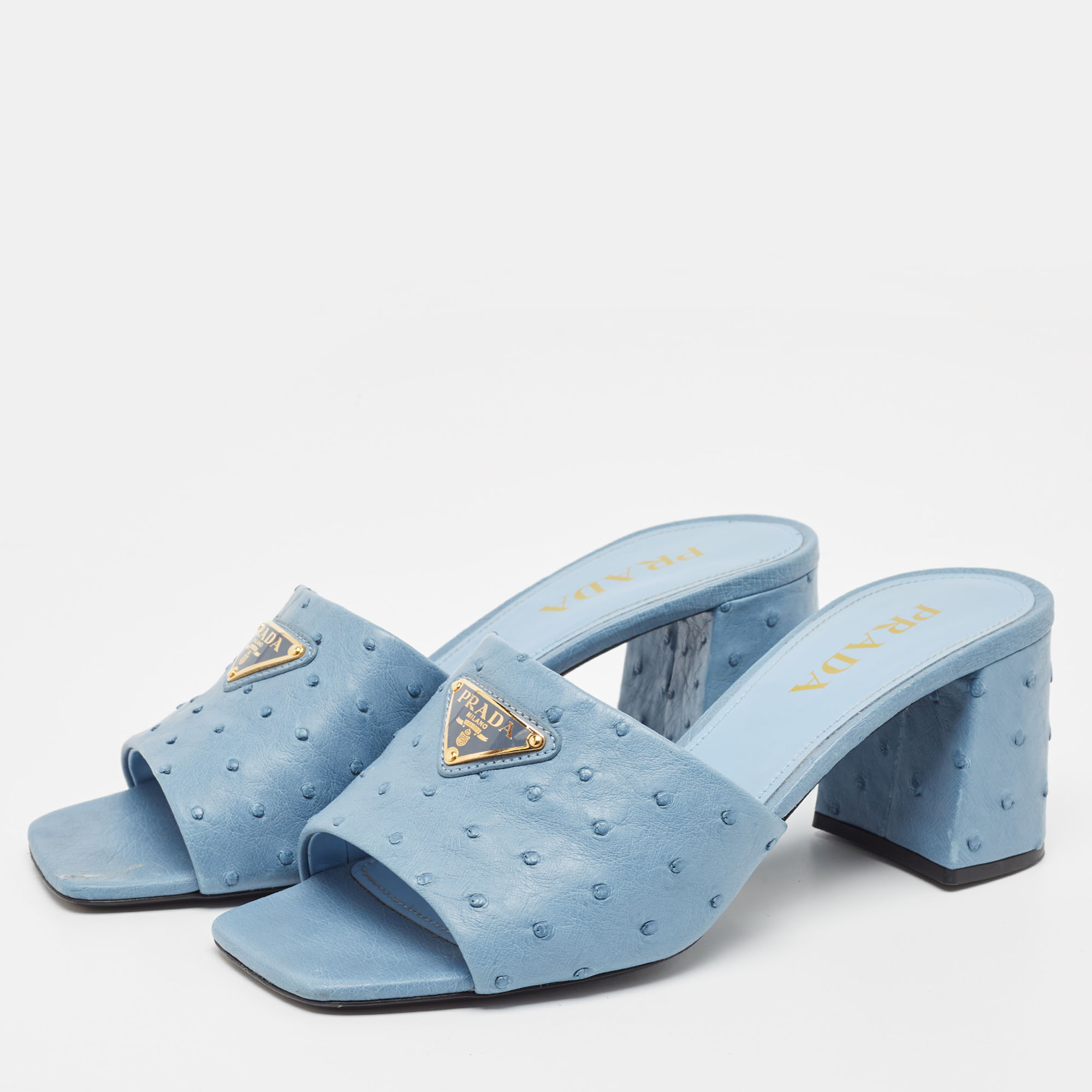 

Prada Blue Ostrich Slide Sandals Size