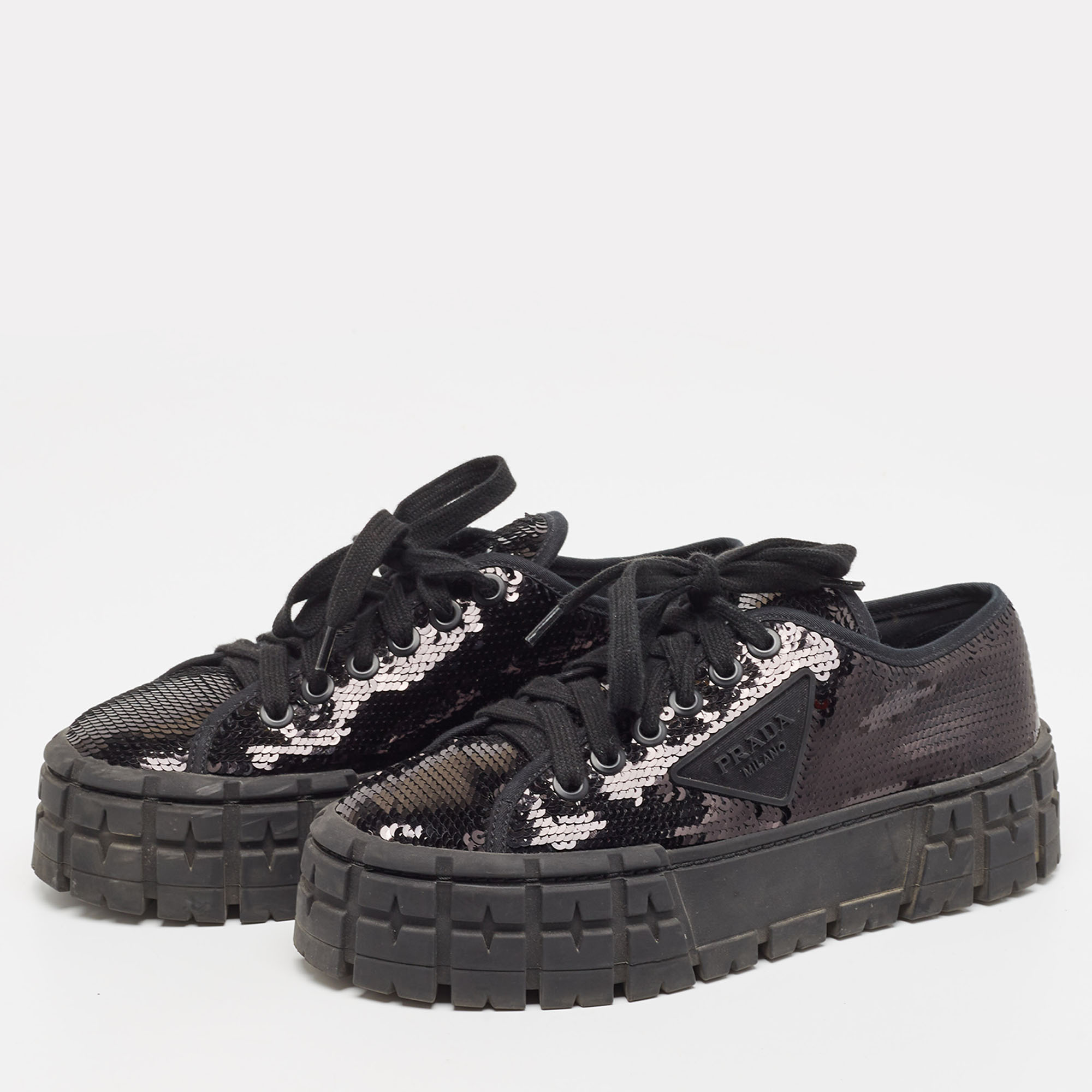 

Prada Black Sequin Double Wheel Platform Sneakers Size