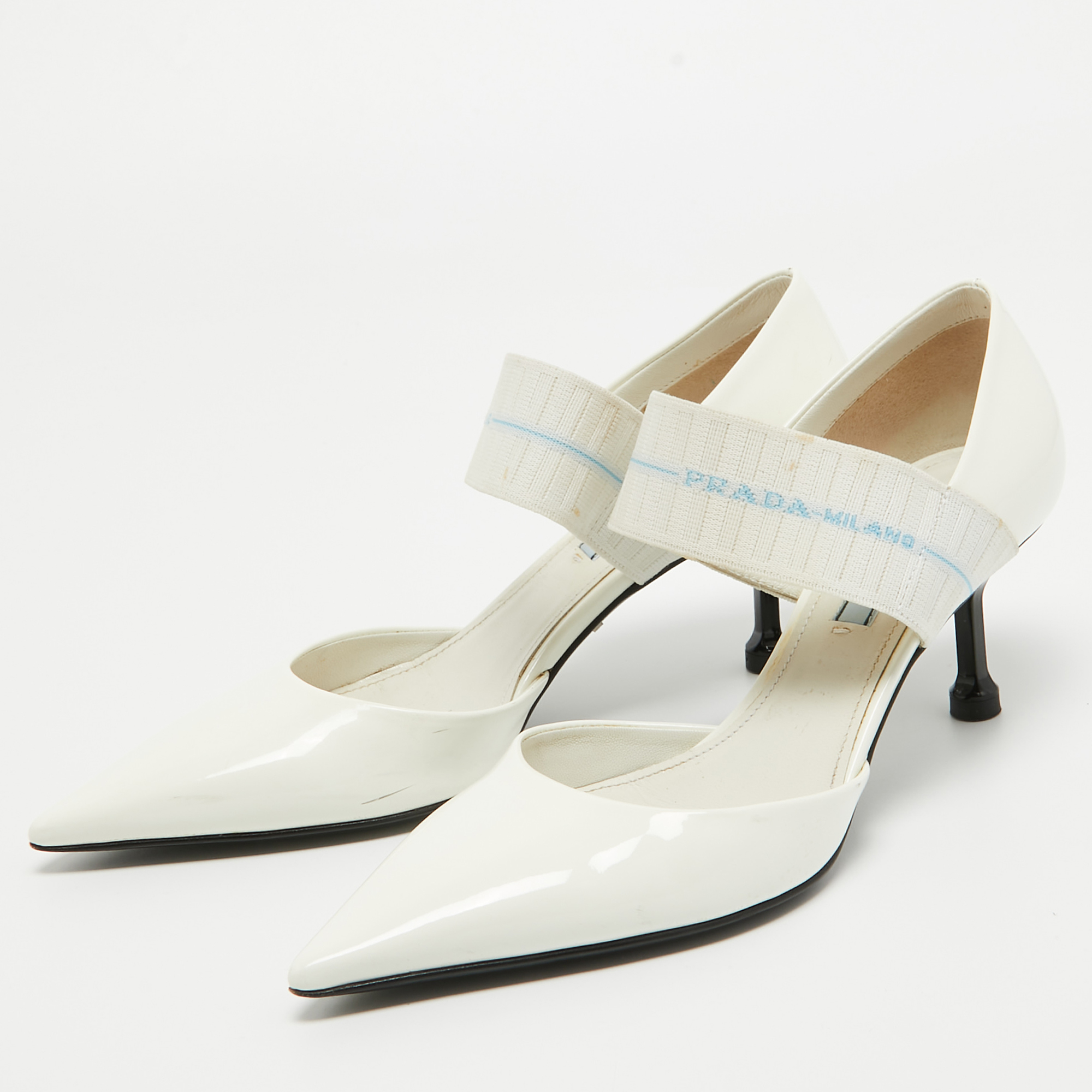 

Prada White Patent Leather And Elastic Mary Jane D'orsay Pumps Size
