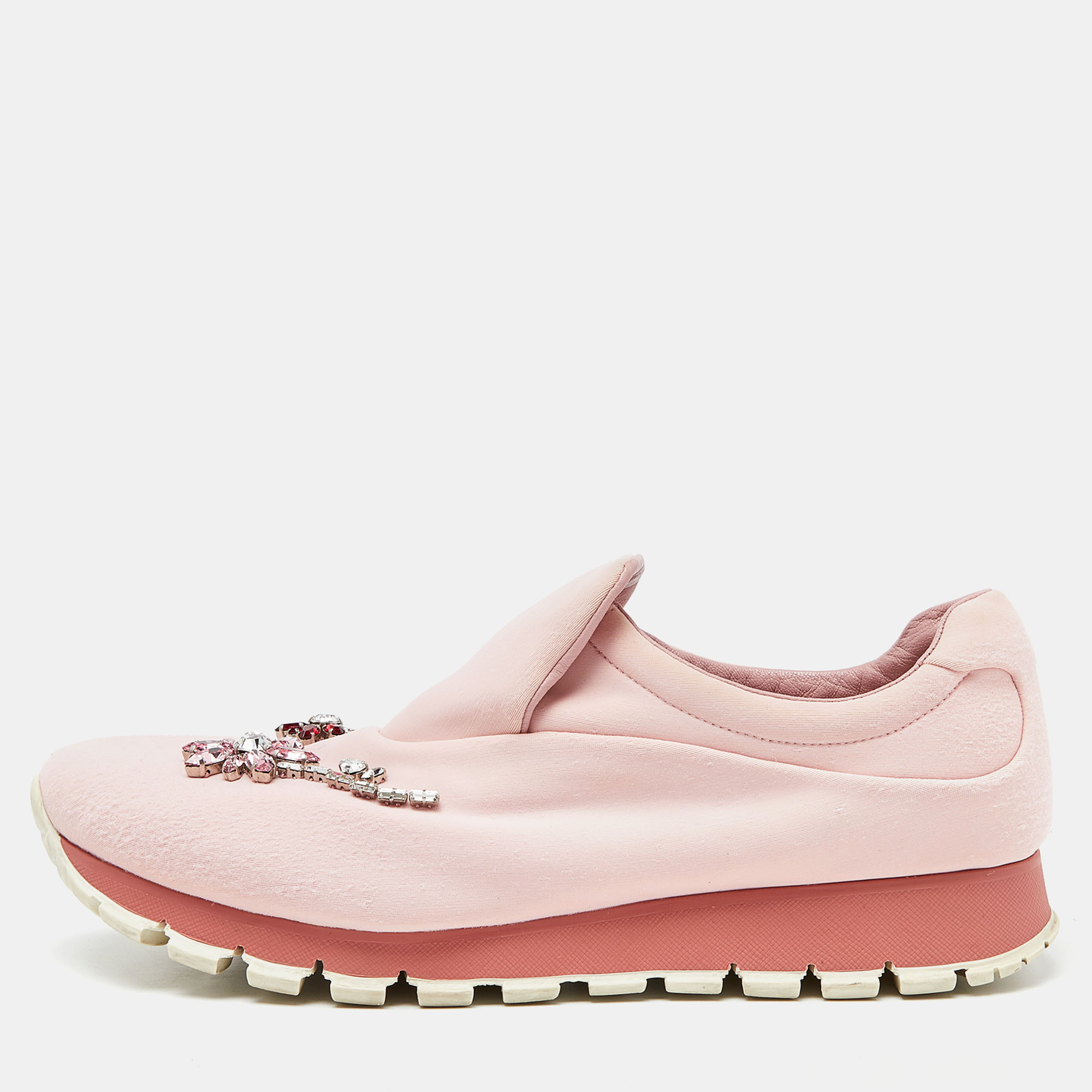 Pre-owned Prada Pink Neoprene Crystal Embellished Slip On Sneakers Size 39