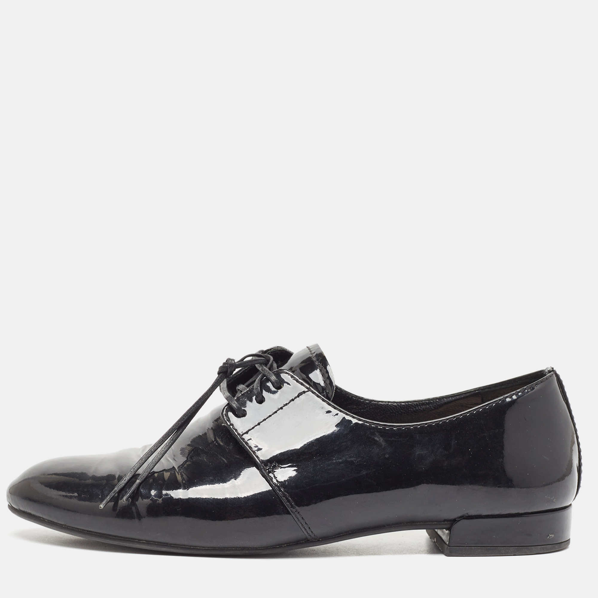 Pre-owned Prada Black Patent Leather Lace Up Derby Size 36.5