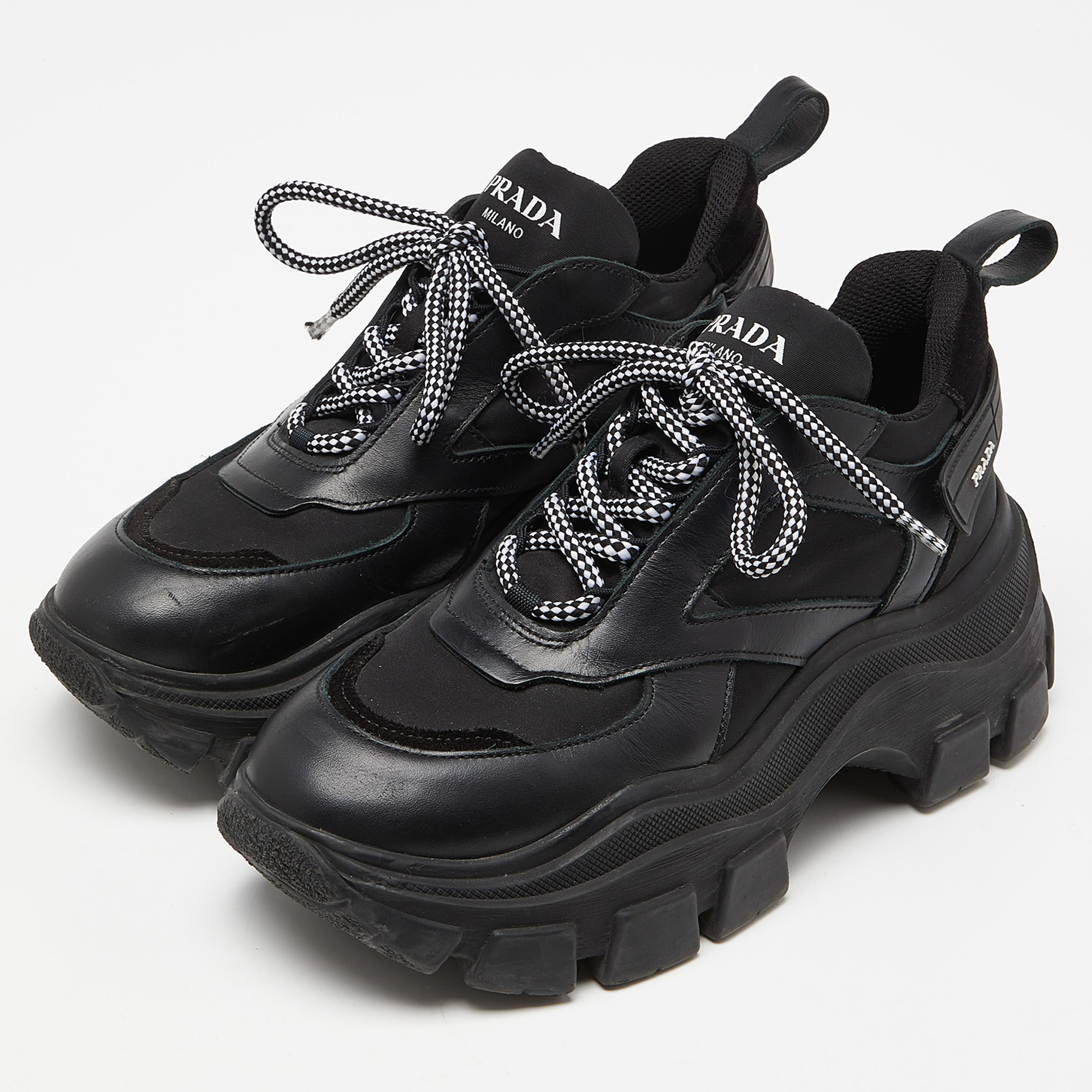 

Prada Black Leather Nylon and Leather Lace Up Sneakers Size