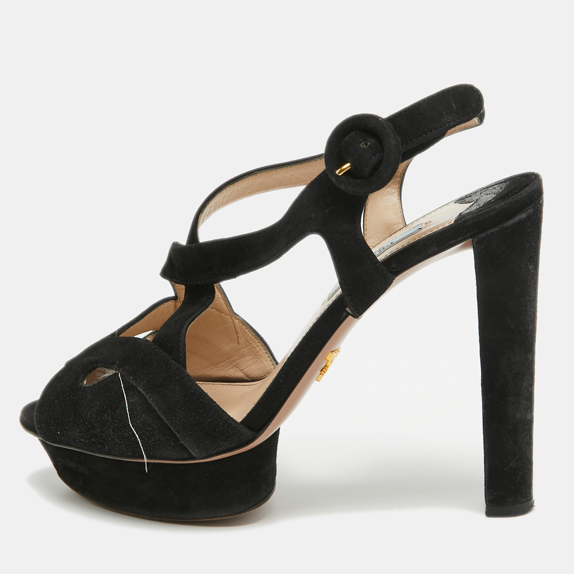 Pre-owned Prada Black Suede Platform Slingback Sandals Size 38