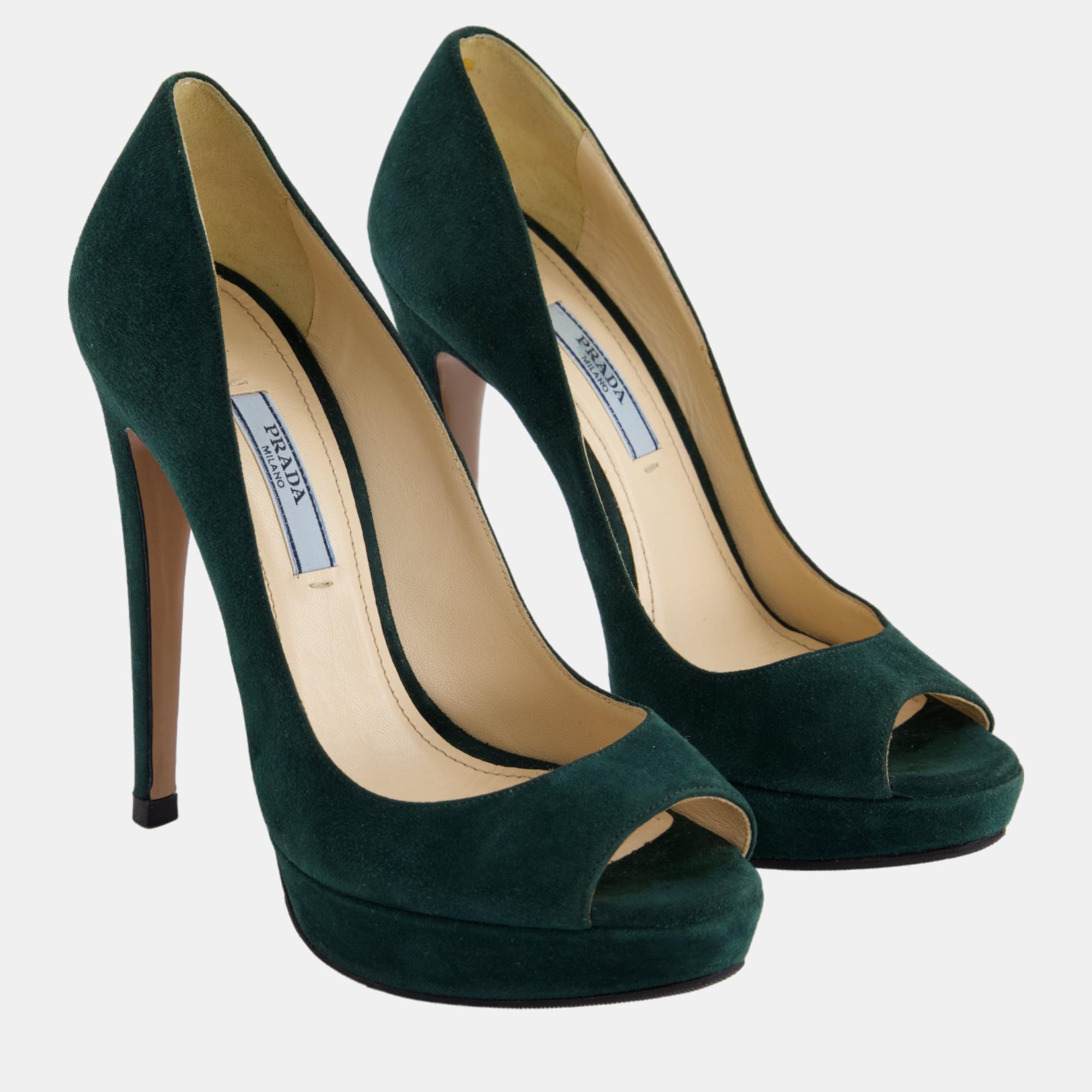 

Prada Green Suede Open Toe Heels Size EU