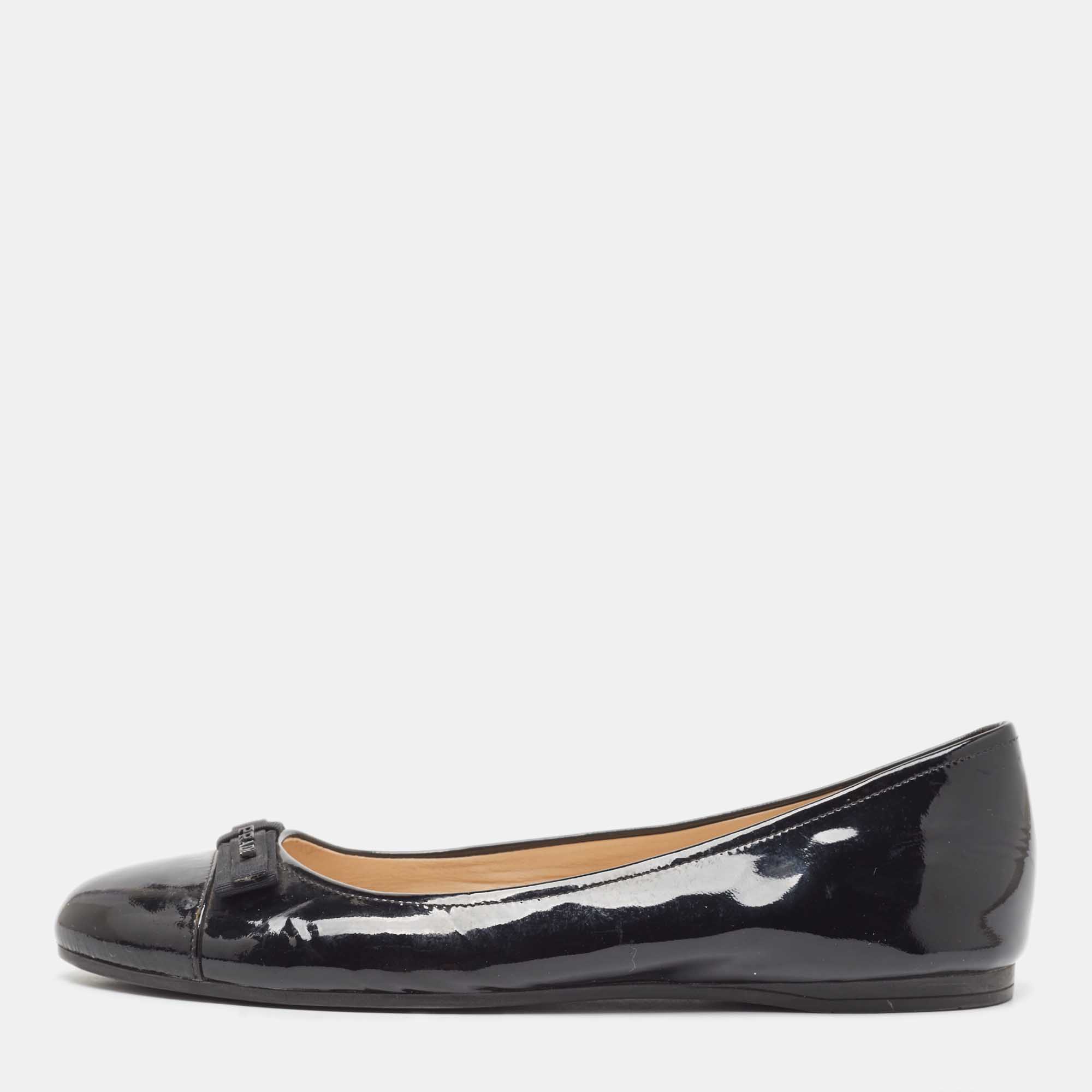 Pre-owned Prada Black Patent Bow Ballet Flats Size 37