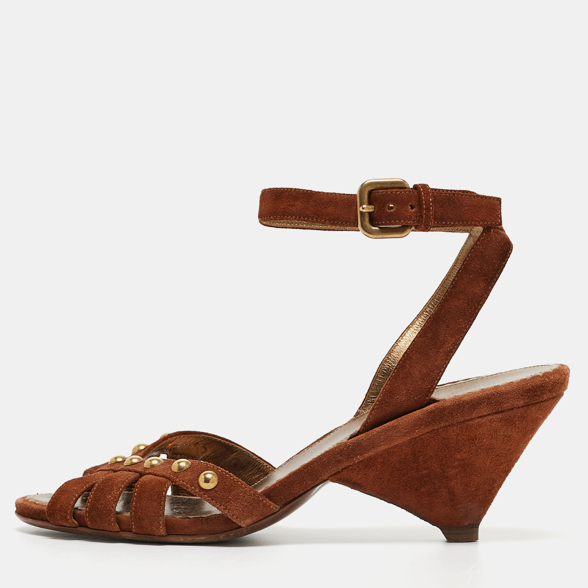 

Prada Brown Suede Studded Wedge Ankle Strap Sandals Size