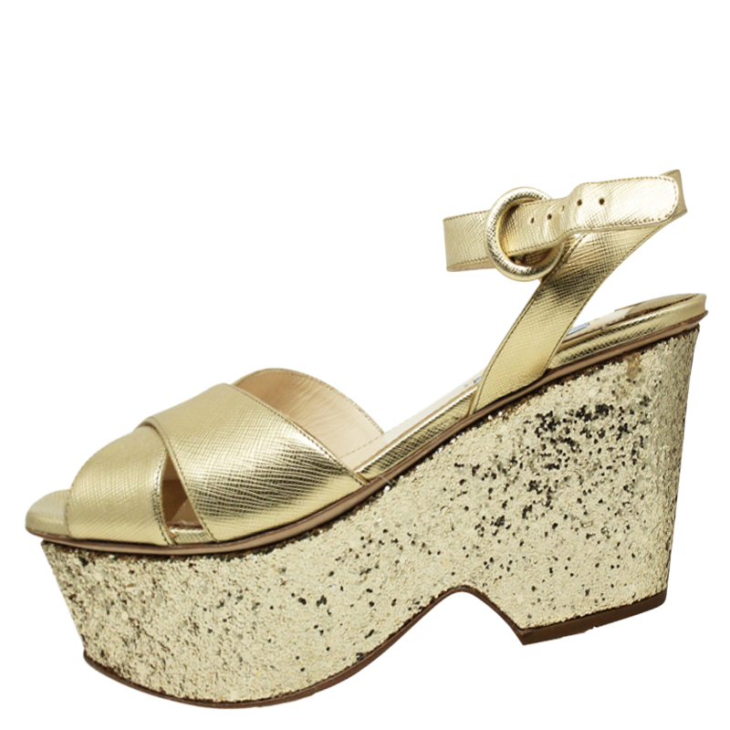 

Prada Gold Saffiano Leather and Glitter Ankle Strap Wedge Sandals Size, Cream