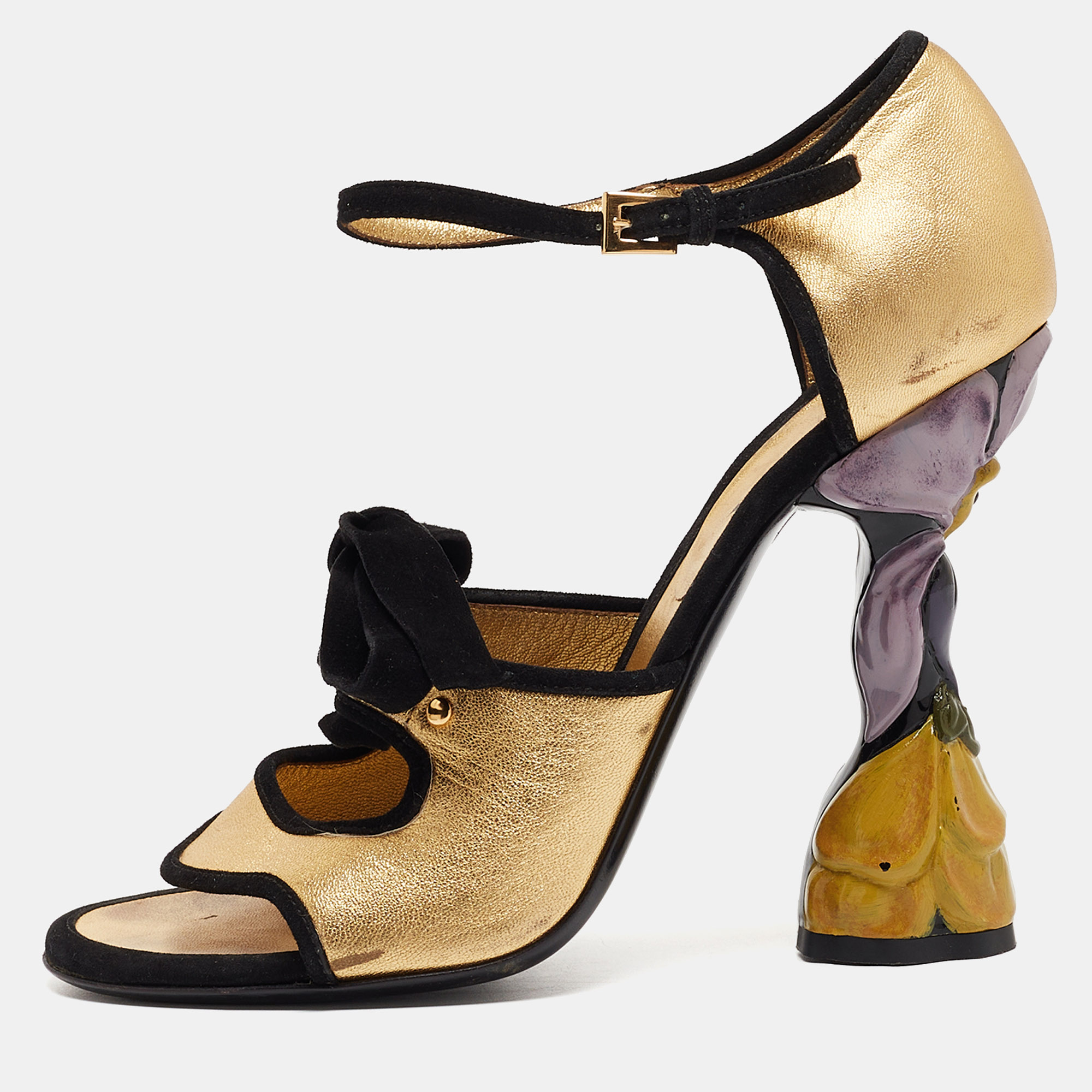 

Prada Gold/Black Leather and Suede Floral Heel Ankle Strap Sandals Size