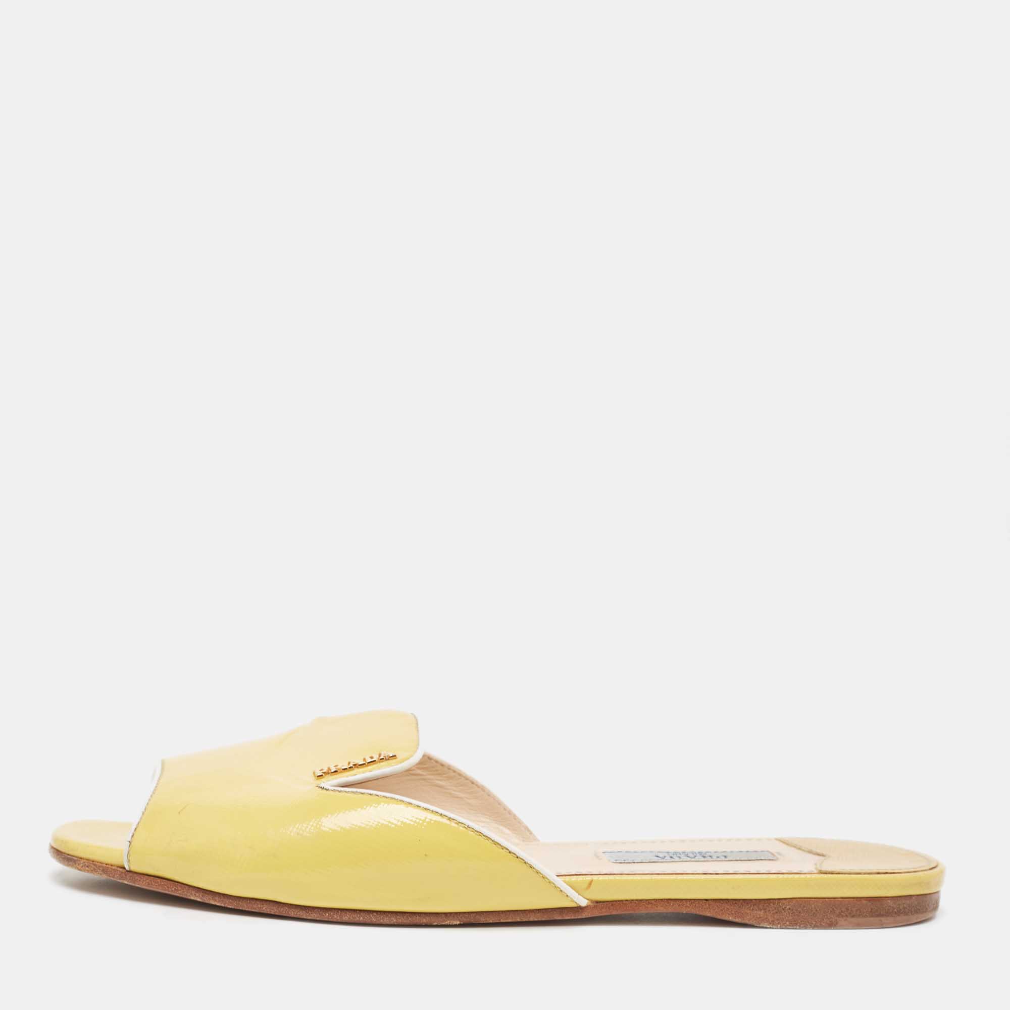 Pre-owned Prada Yellow Saffiano Vernice Leather Flat Slides Size 36