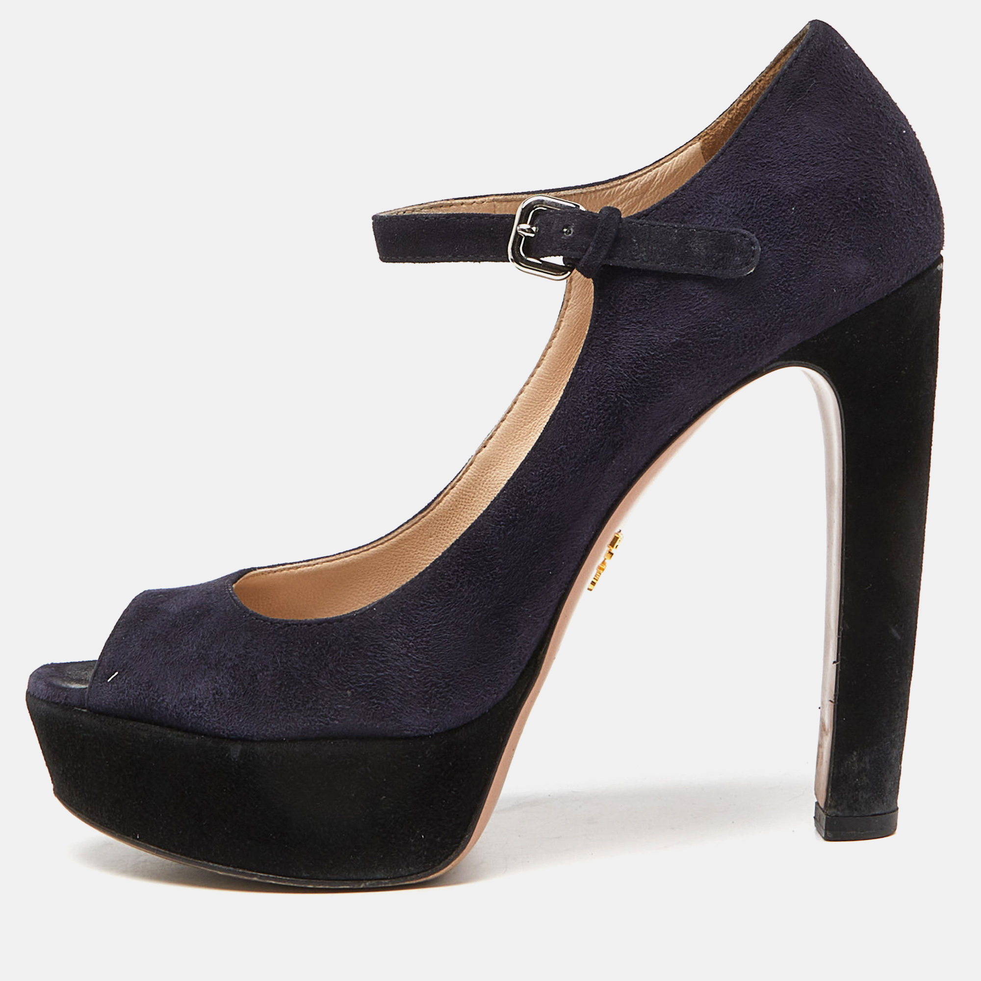 Pre-owned Prada Blue/black Suede Platform Ankle Strap Sandals Size 39.5