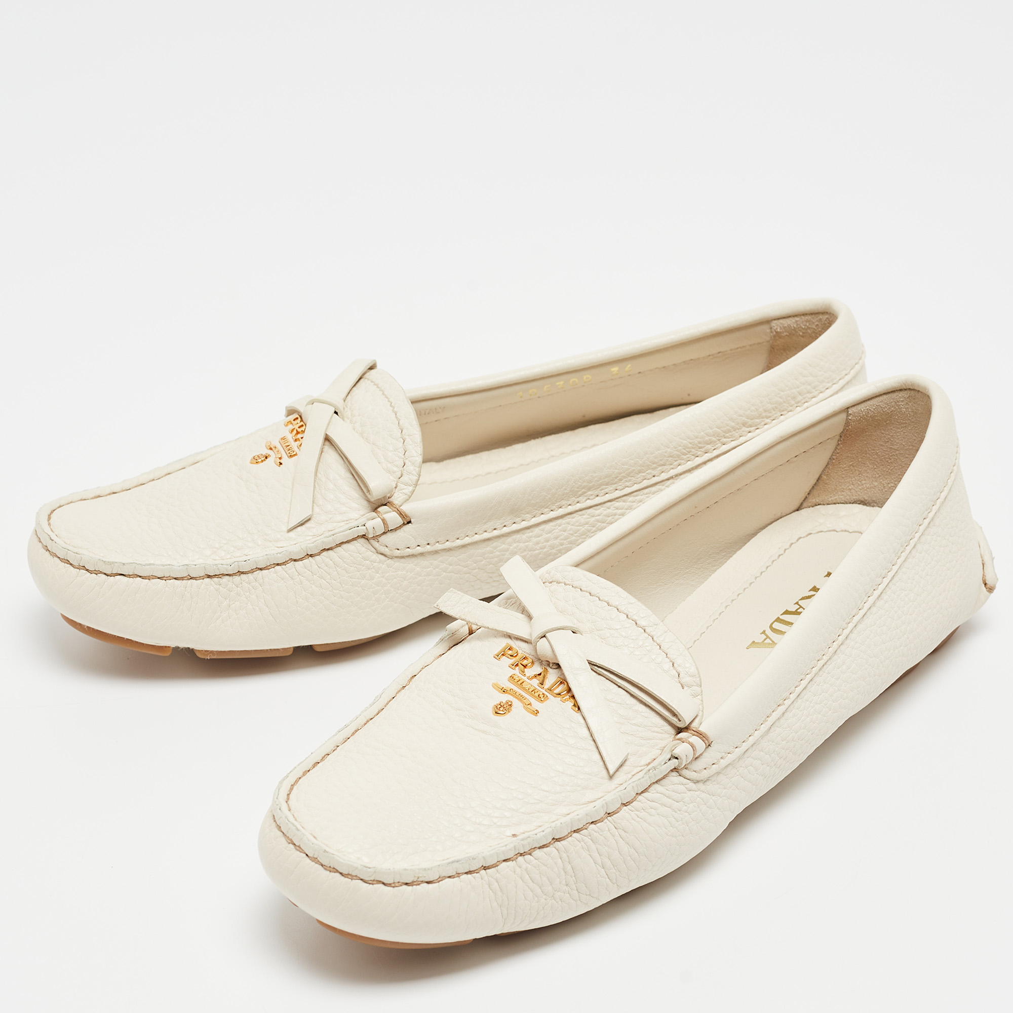 

Prada Cream Leather Bow Slip On Loafers Size