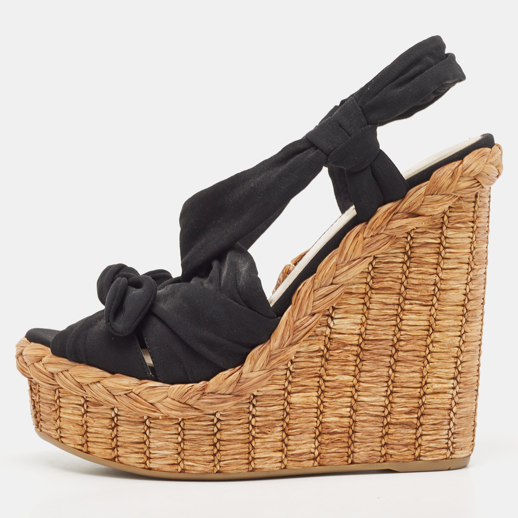 Pre-owned Prada Black Fabric Knotted Bow Raffia Wedge Platform Sandals Size 36