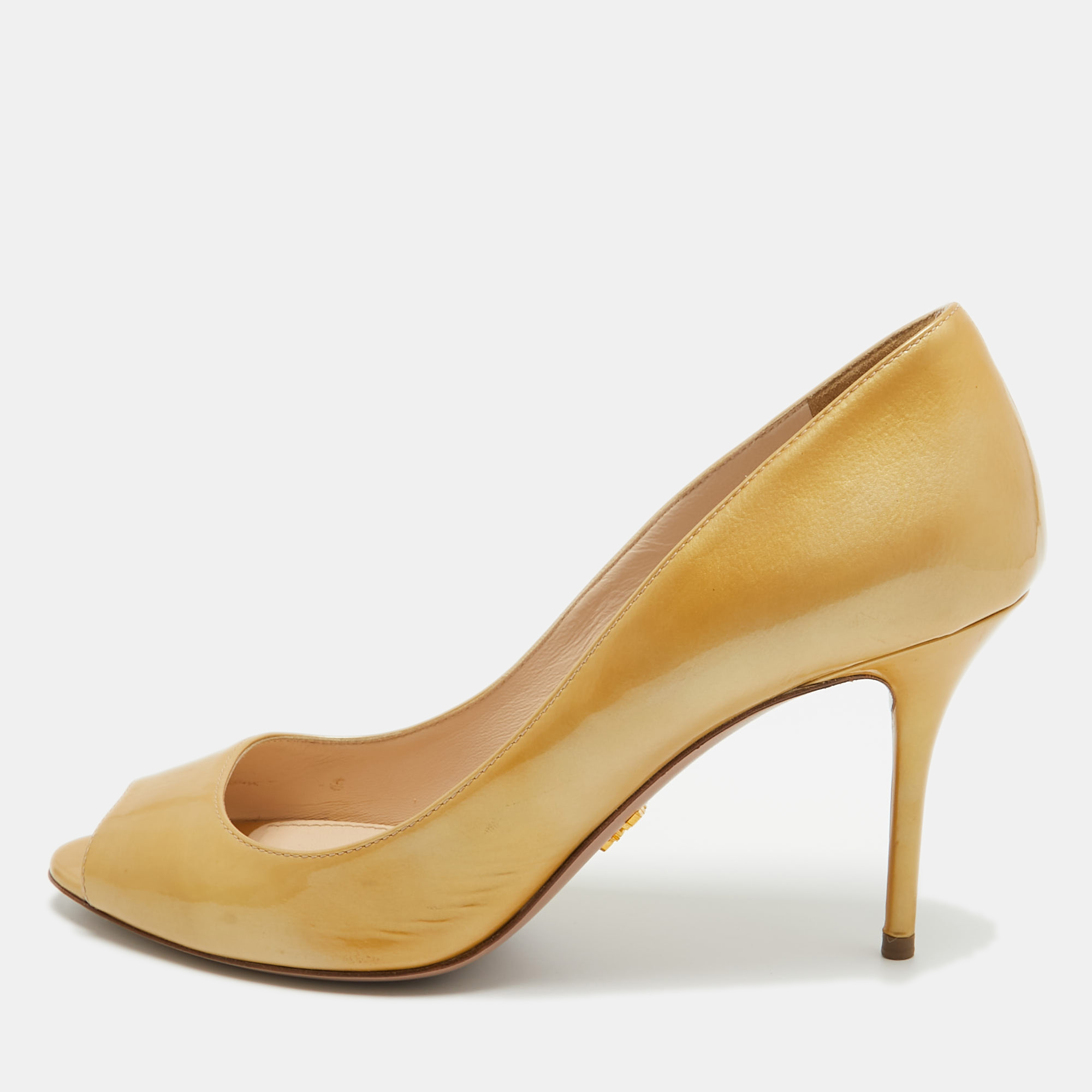 Pre-owned Prada Gold Patent Leather Peep Toe Pumps Size 40.5