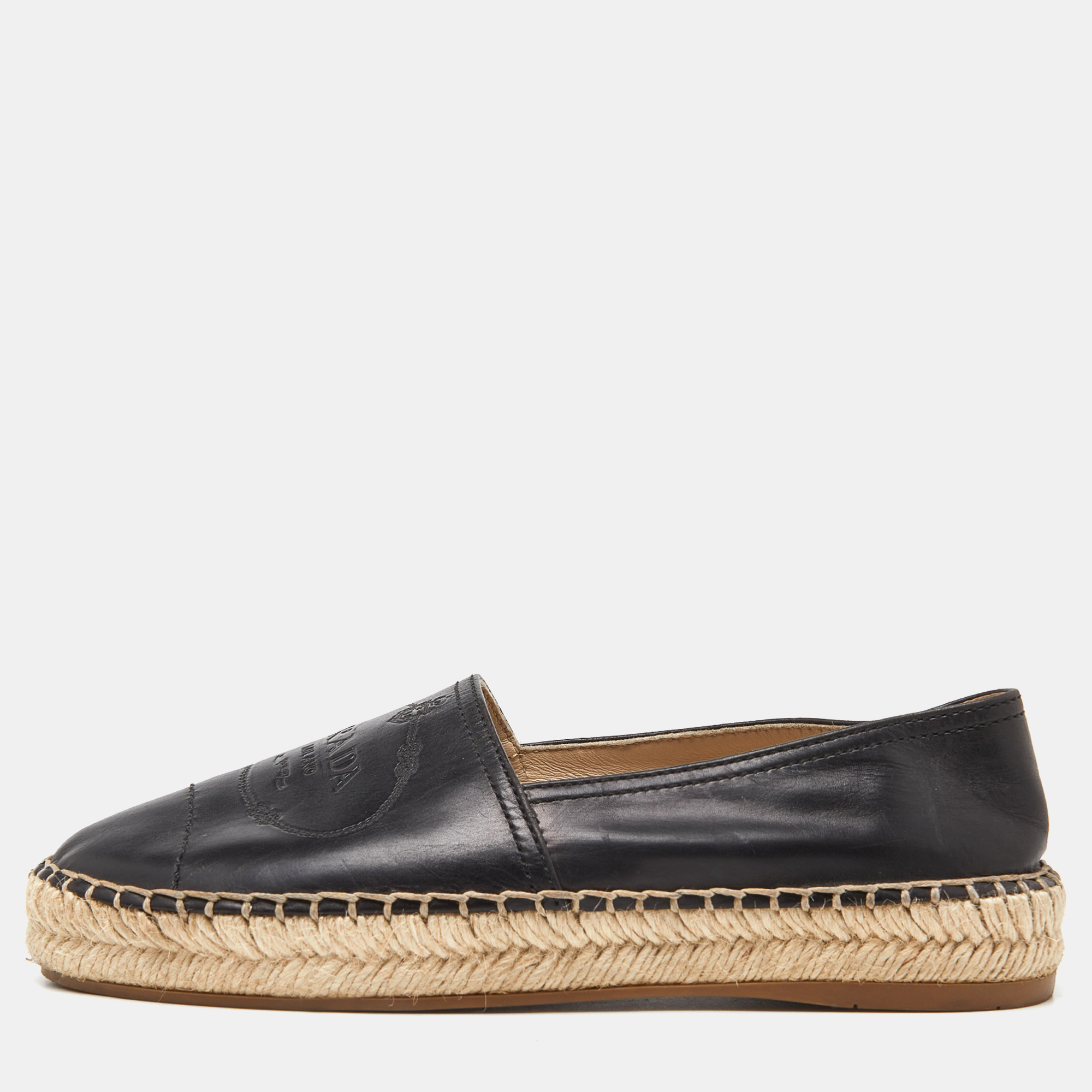 Pre-owned Prada Black Leather Espadrille Flats Size 35.5