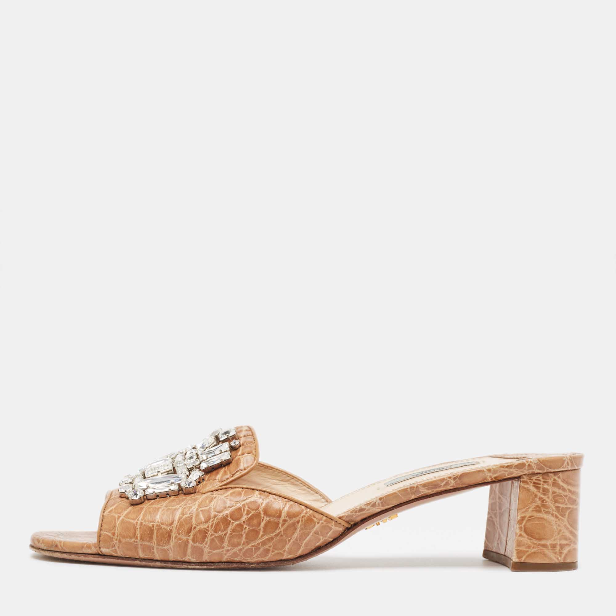 

Prada Brown Embossed Croc Crystal Embellished Slide Sandals Size
