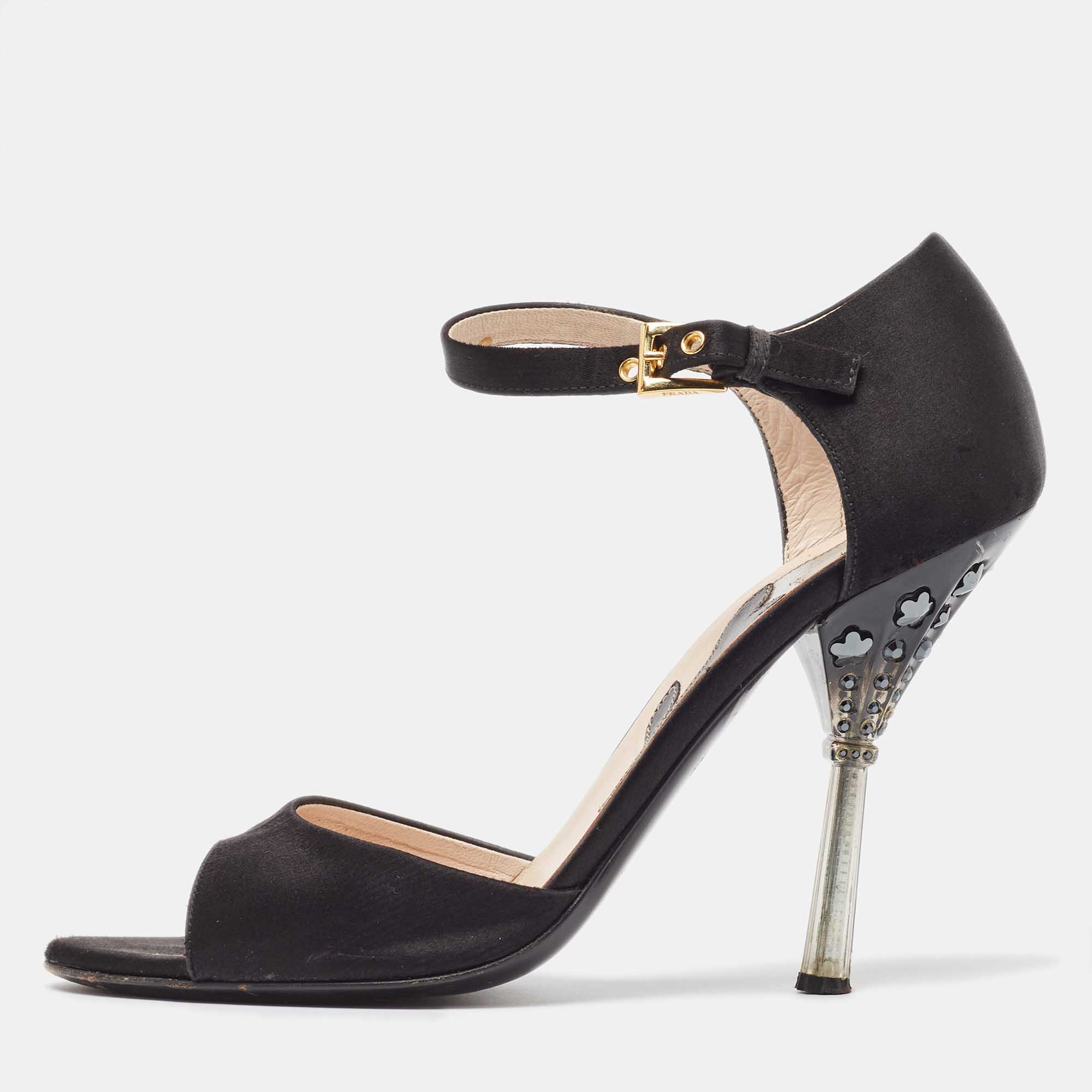 

Prada Black Satin Ankle Strap Open Toe Sandals Size