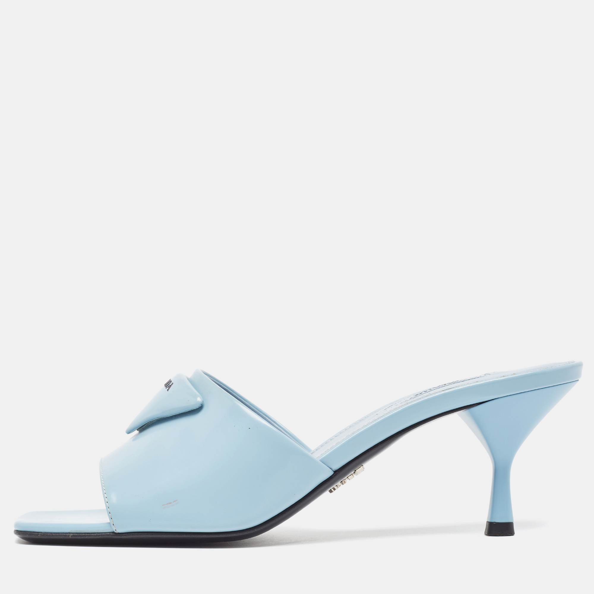 

Prada Blue Brushed Leather Logo Slide Sandals Size