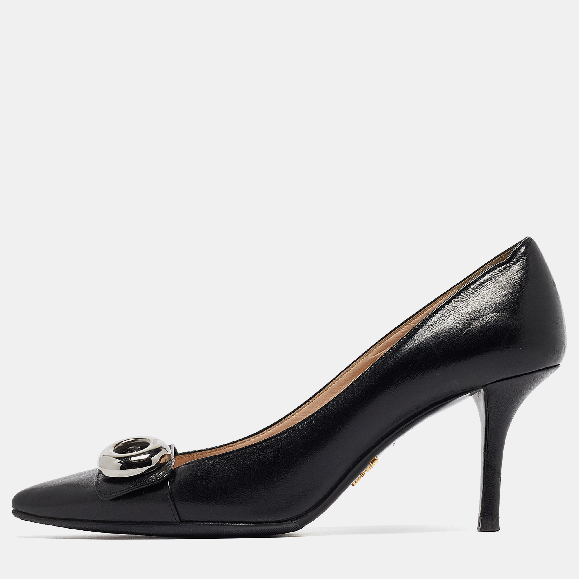 Pre-owned Prada Black Leather Pointed Toe Pumps Size 37.5