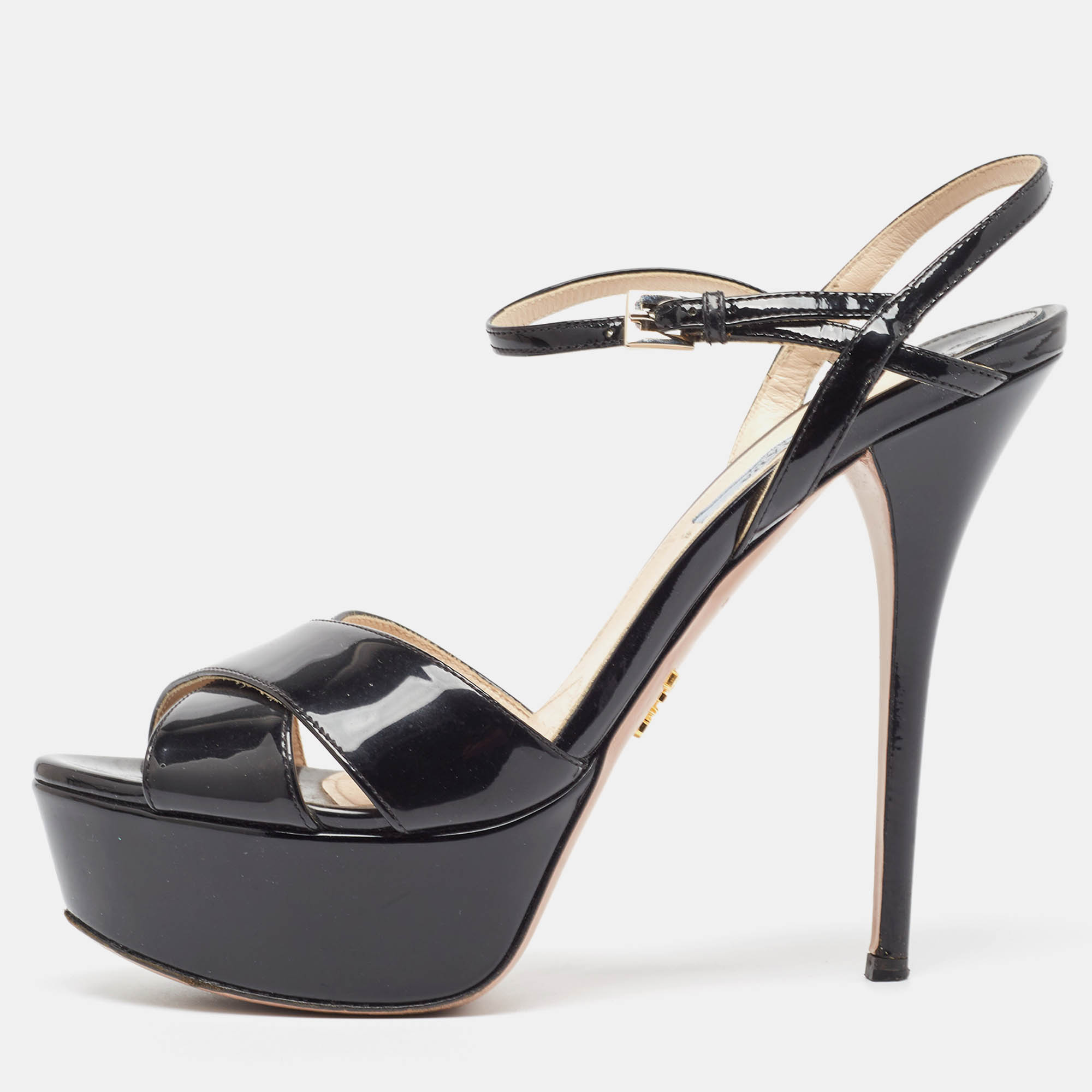 Pre-owned Prada Black Patent Leather Ankle Strap Platform Sandals Size 39.5
