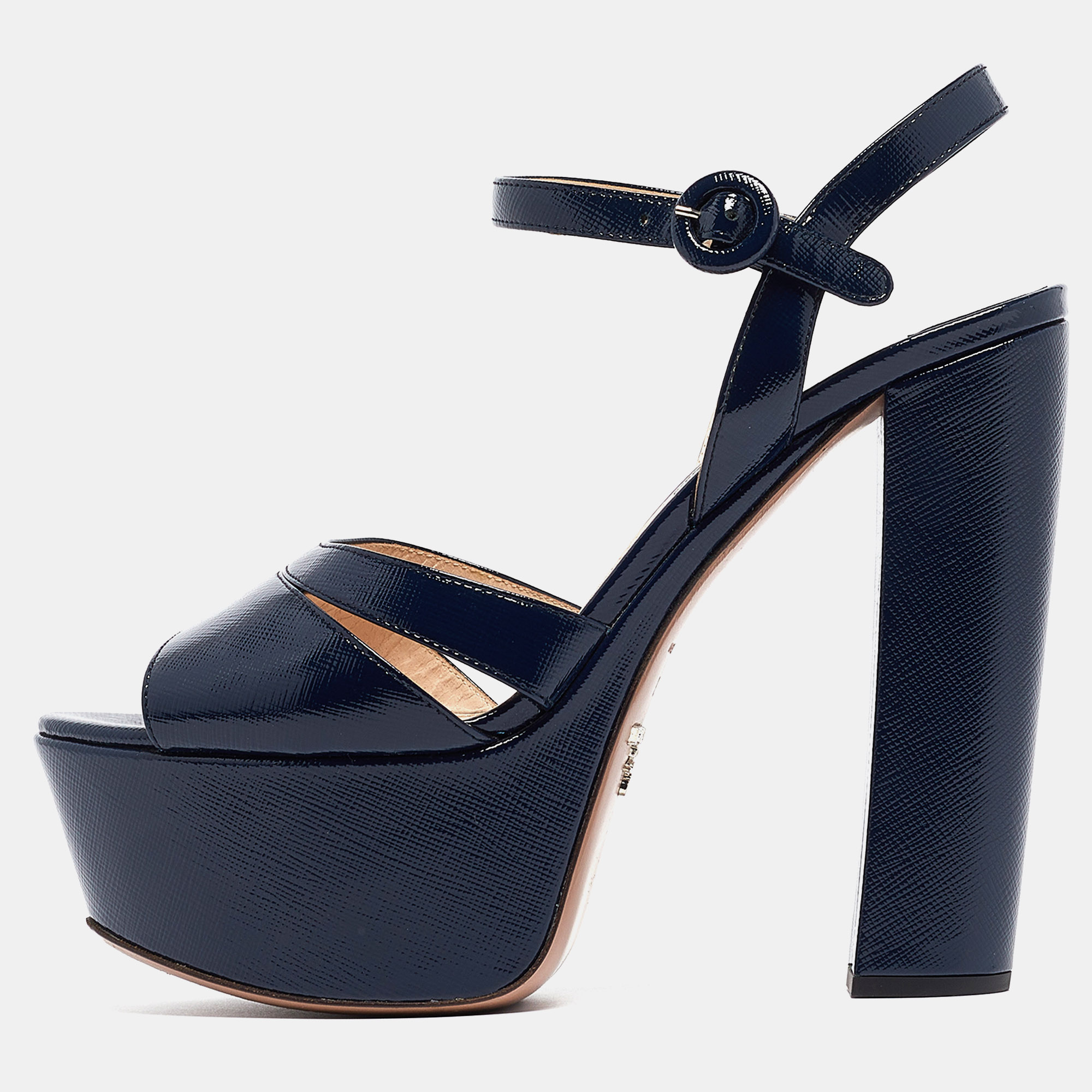 Prada Navy Blue Vernice Saffiano Leather Platform Ankle Strap Sandals Size 39