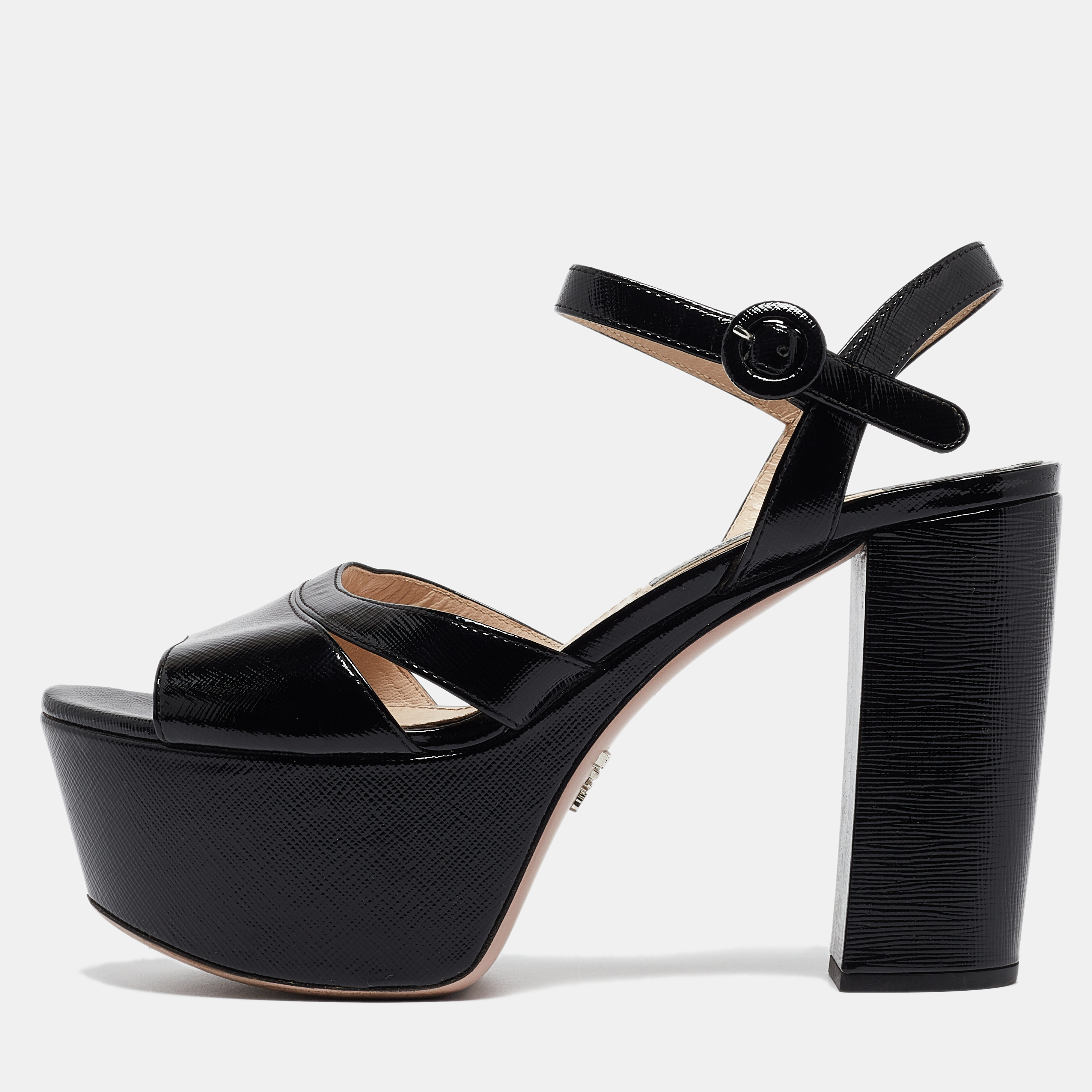 Pre-owned Prada Black Patent Platform Ankle Strap Sandals Size 37