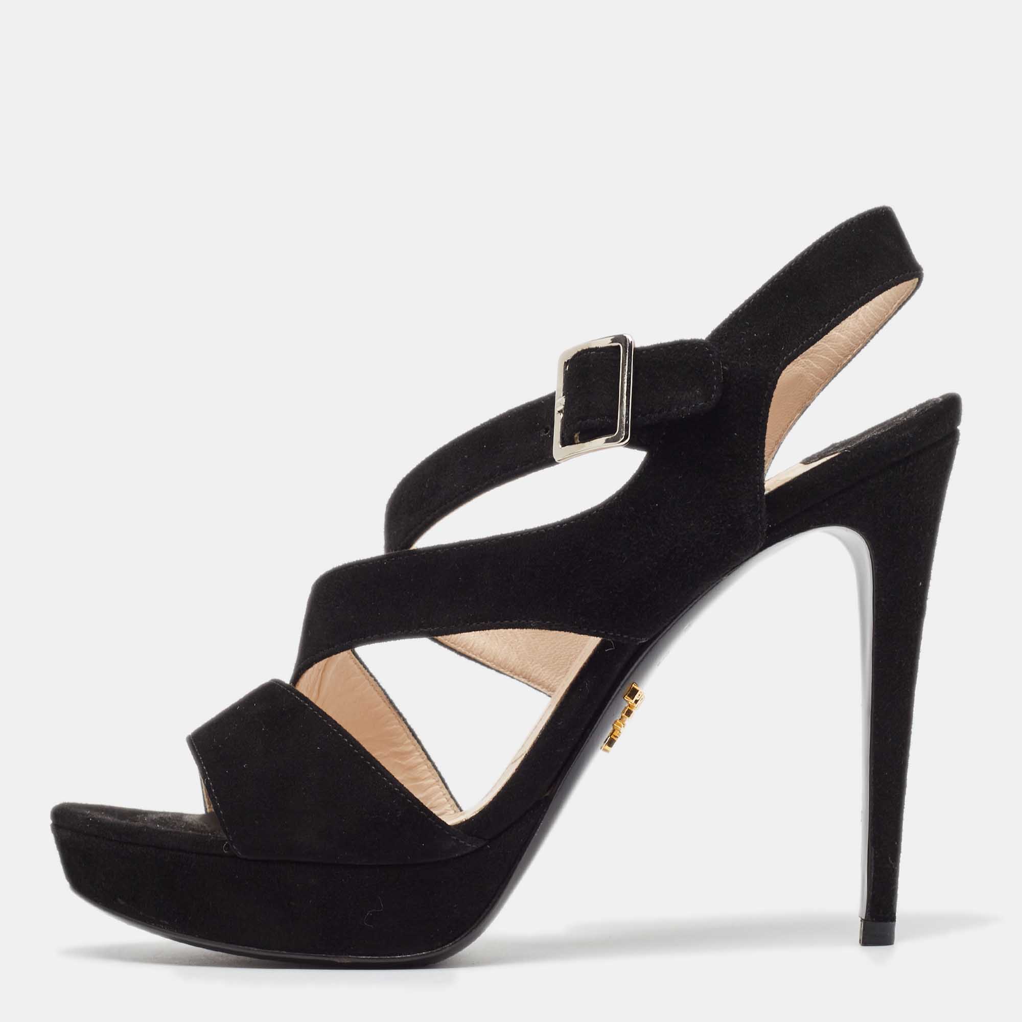 Prada Black Suede Platform Strappy Sandals Size 37.5