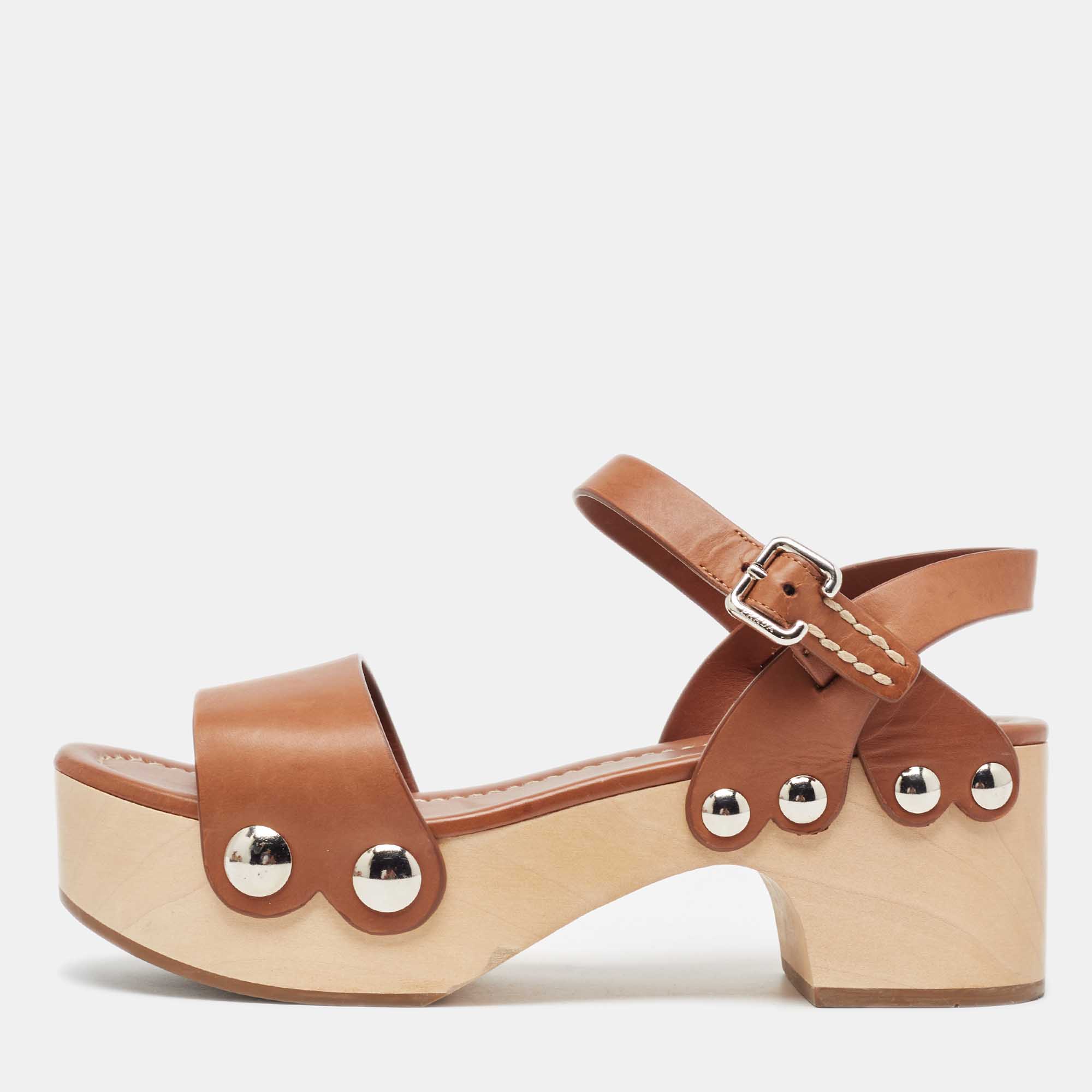 

Prada Brown Leather Wooden Platform Ankle Strap Sandals Size
