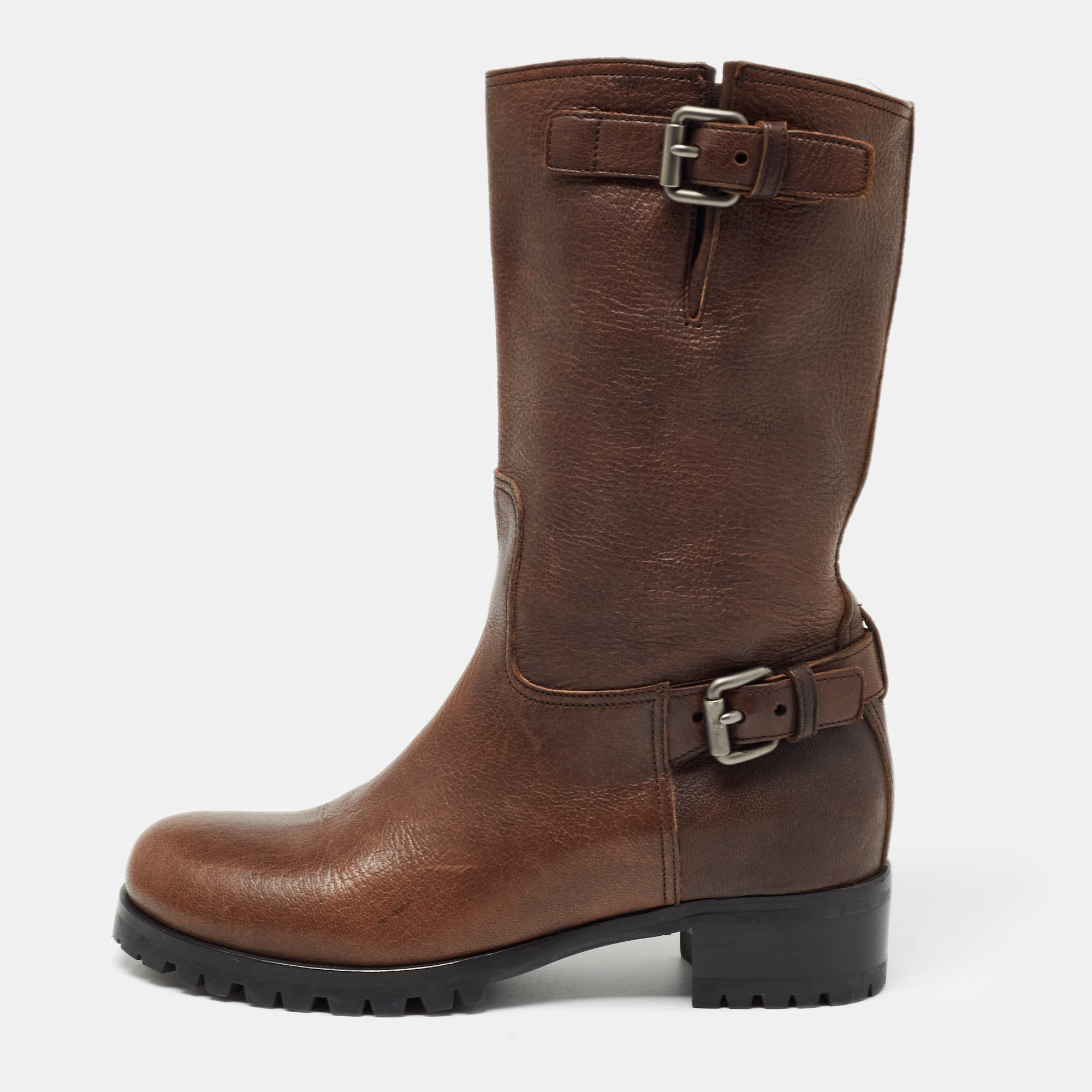 

Prada Brown Leather Buckle Detail Calf Length Boots Size