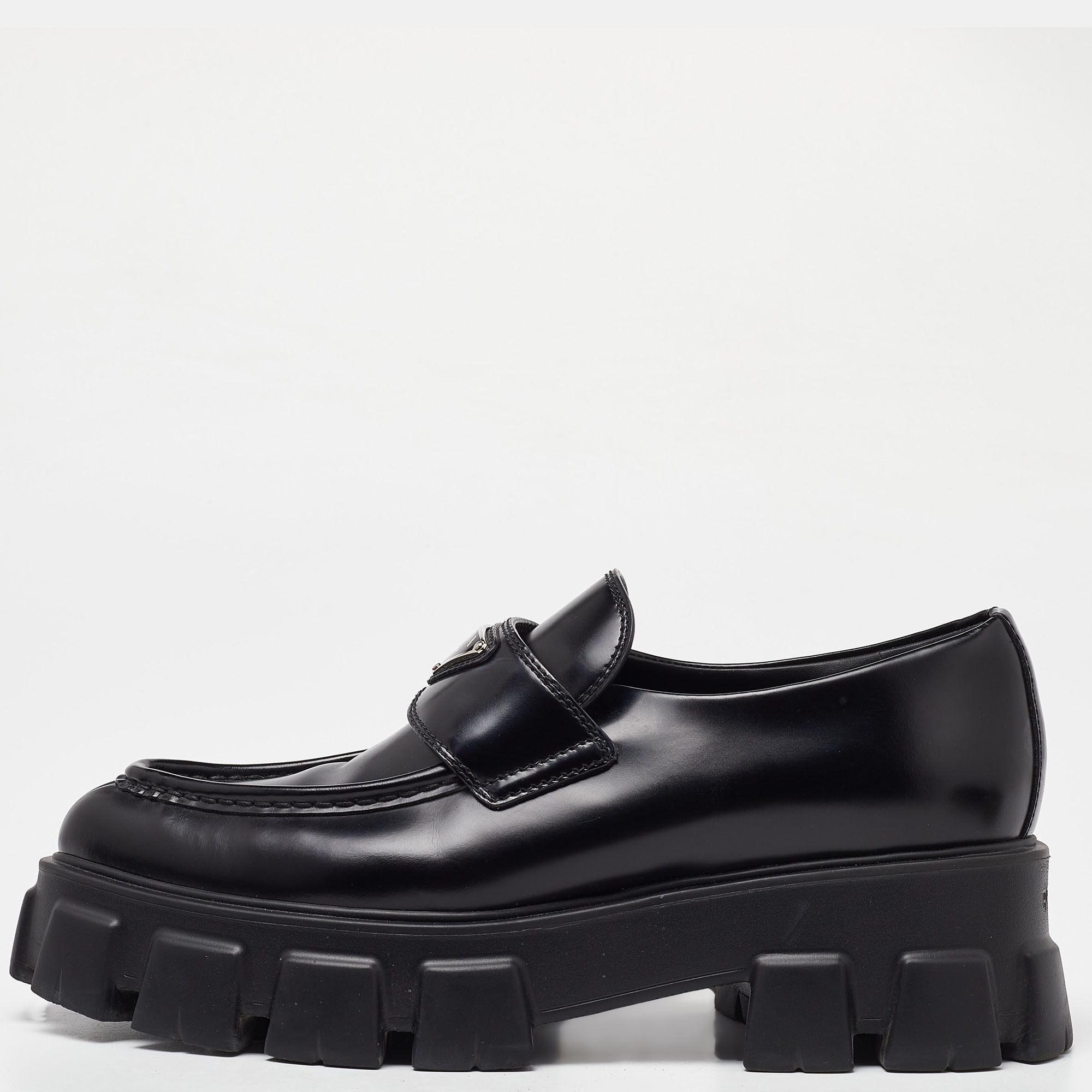 Prada Black Leather Monolith Logo Platform Loafers Size 39.5