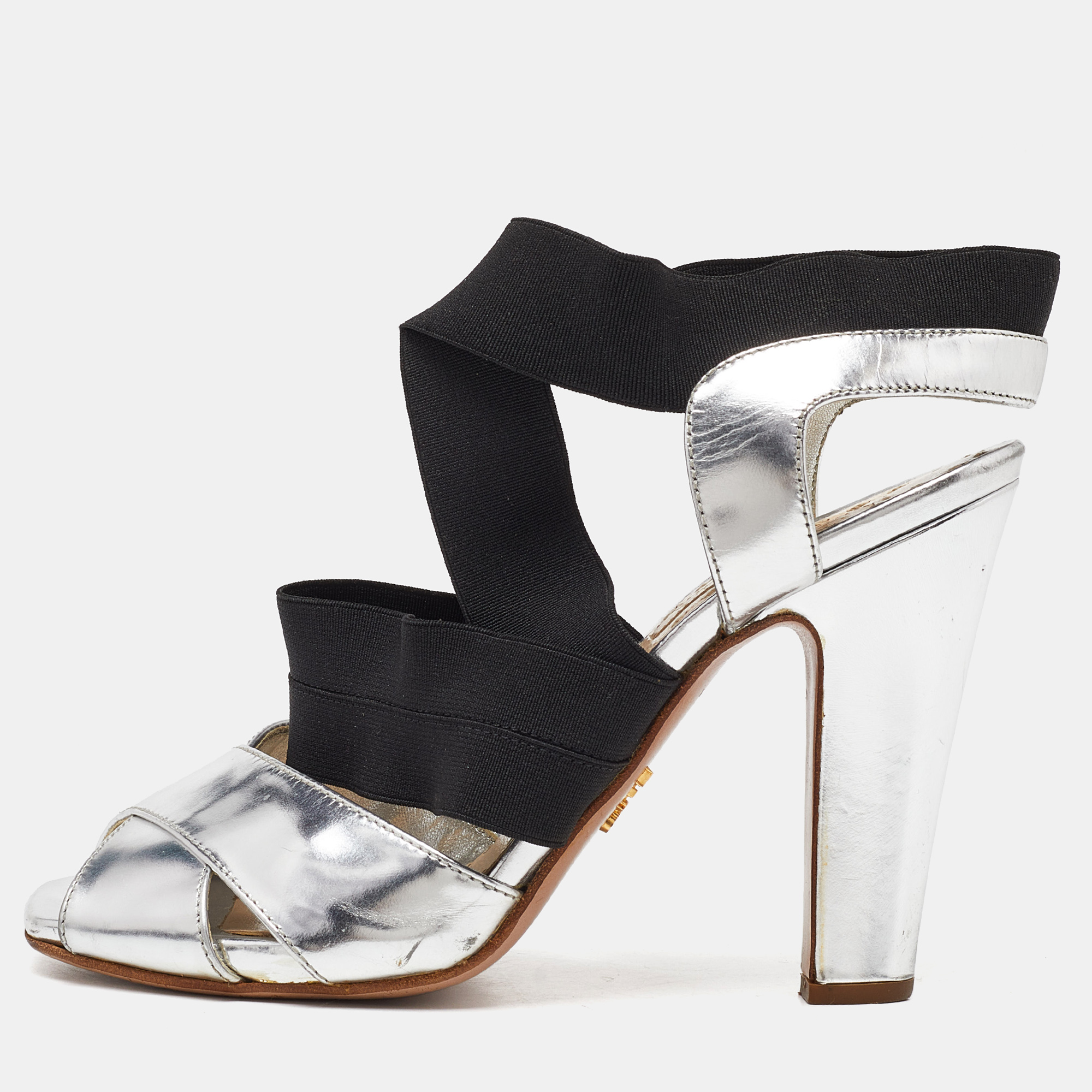 

Prada Black/Silver Leather and Fabric Strappy Open Toe Sandals Size