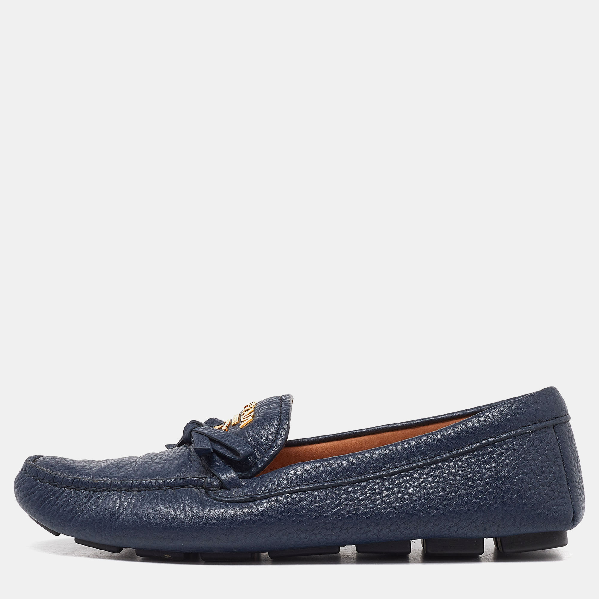 

Prada Blue Leather Bow Slip On Loafers Size