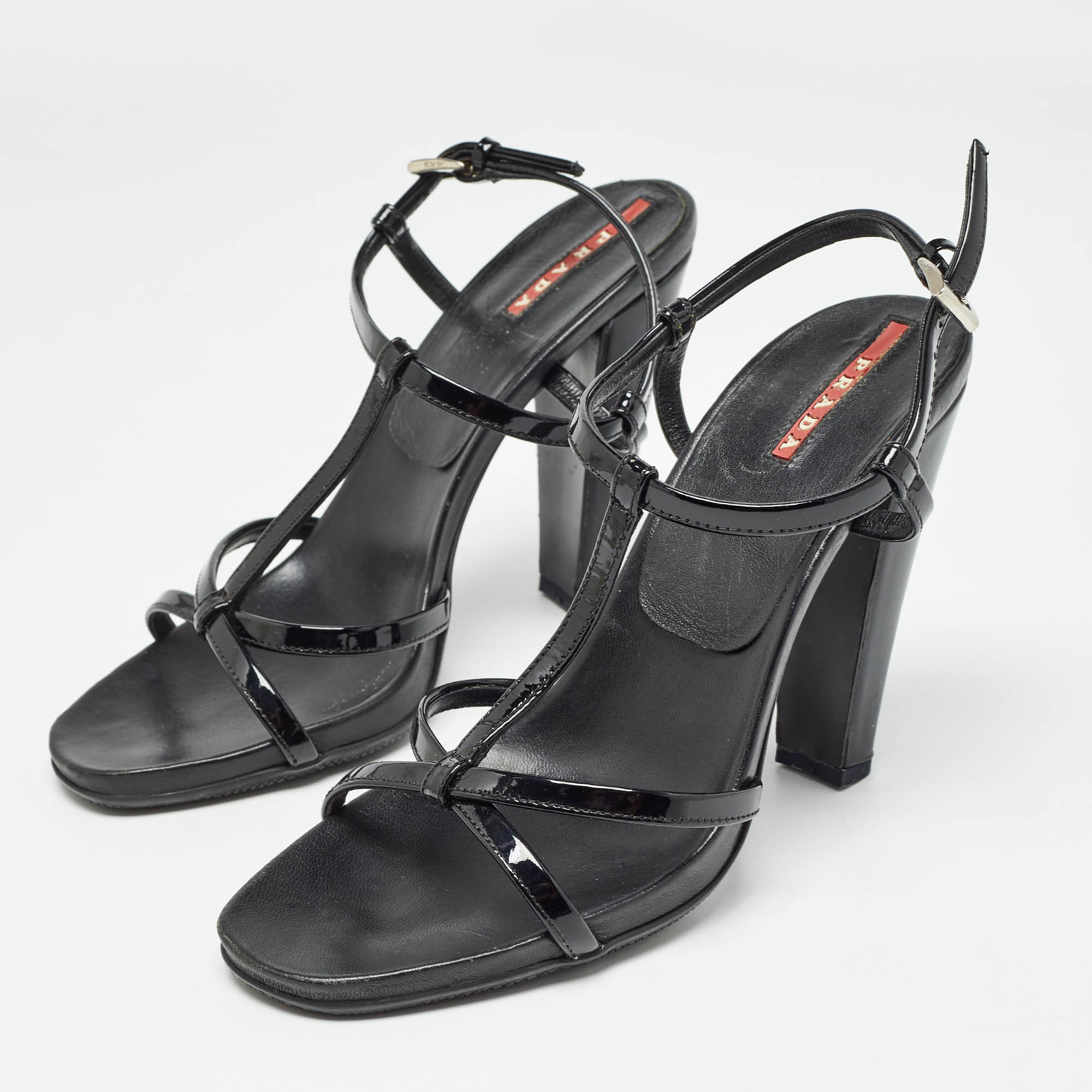 Prada Black Patent Leather Ankle Strap Sandals Size 38 
