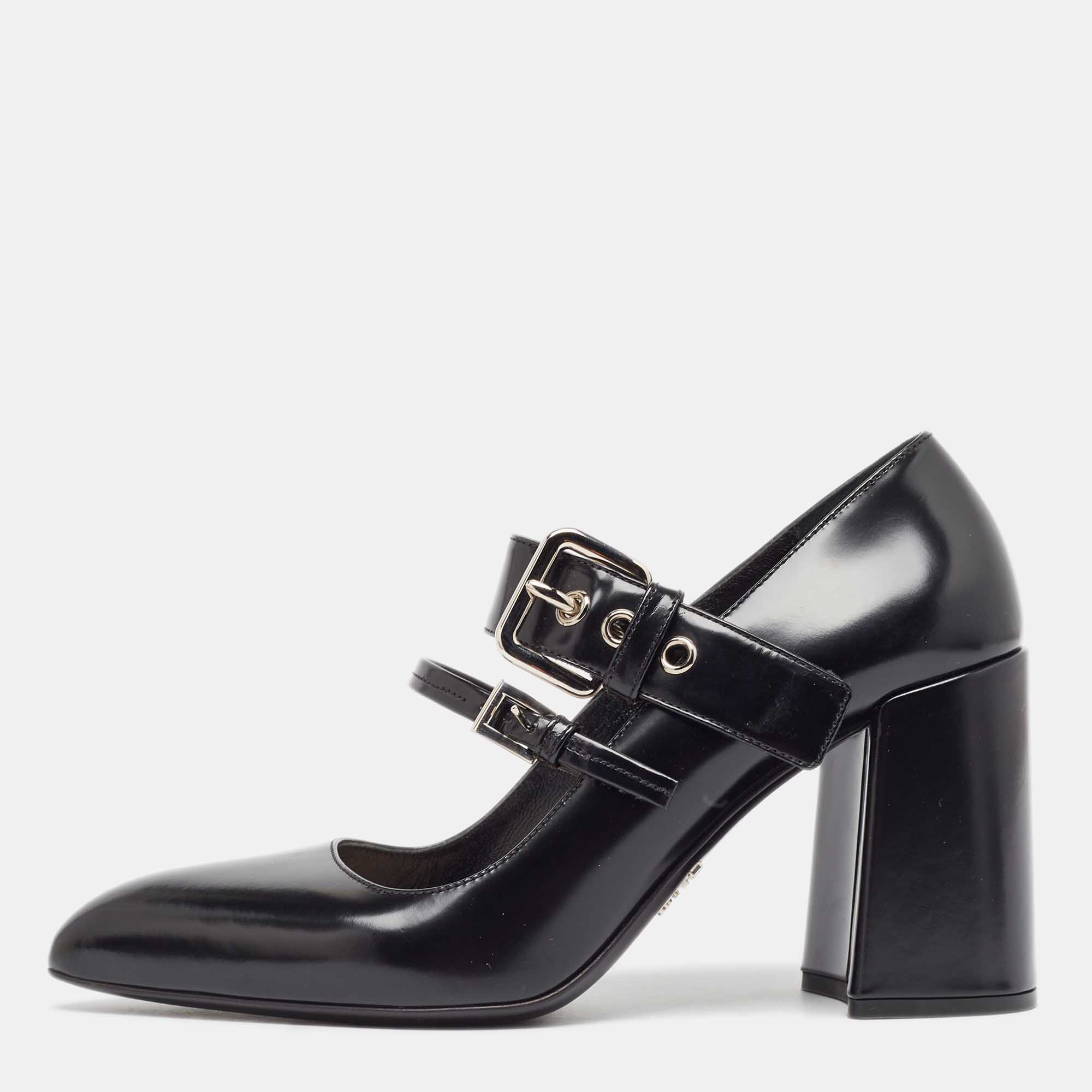 

Prada Black Leather Mary Jane Block Heel Pumps Size