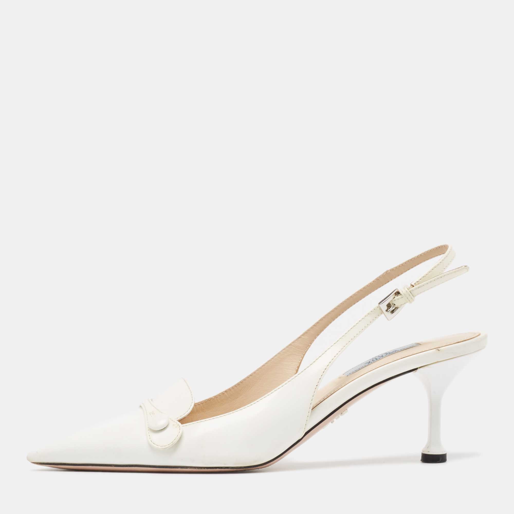 

Prada White Leather Pointed Toe Slingback Pumps Size