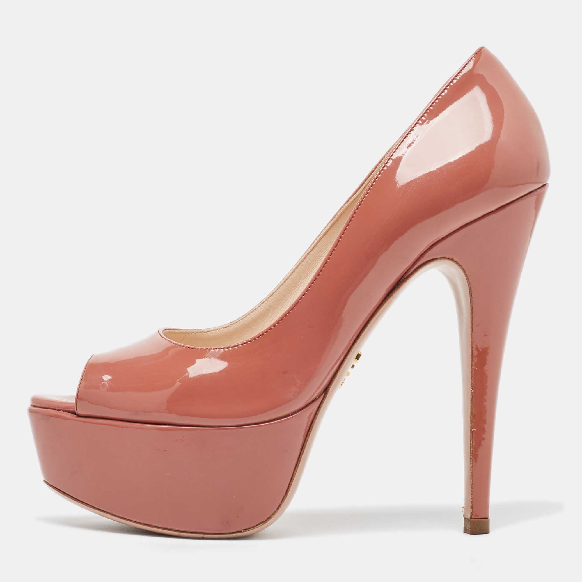Pre-owned Prada Pink Patent Leather Platform Peep Toe Pumps Size 37