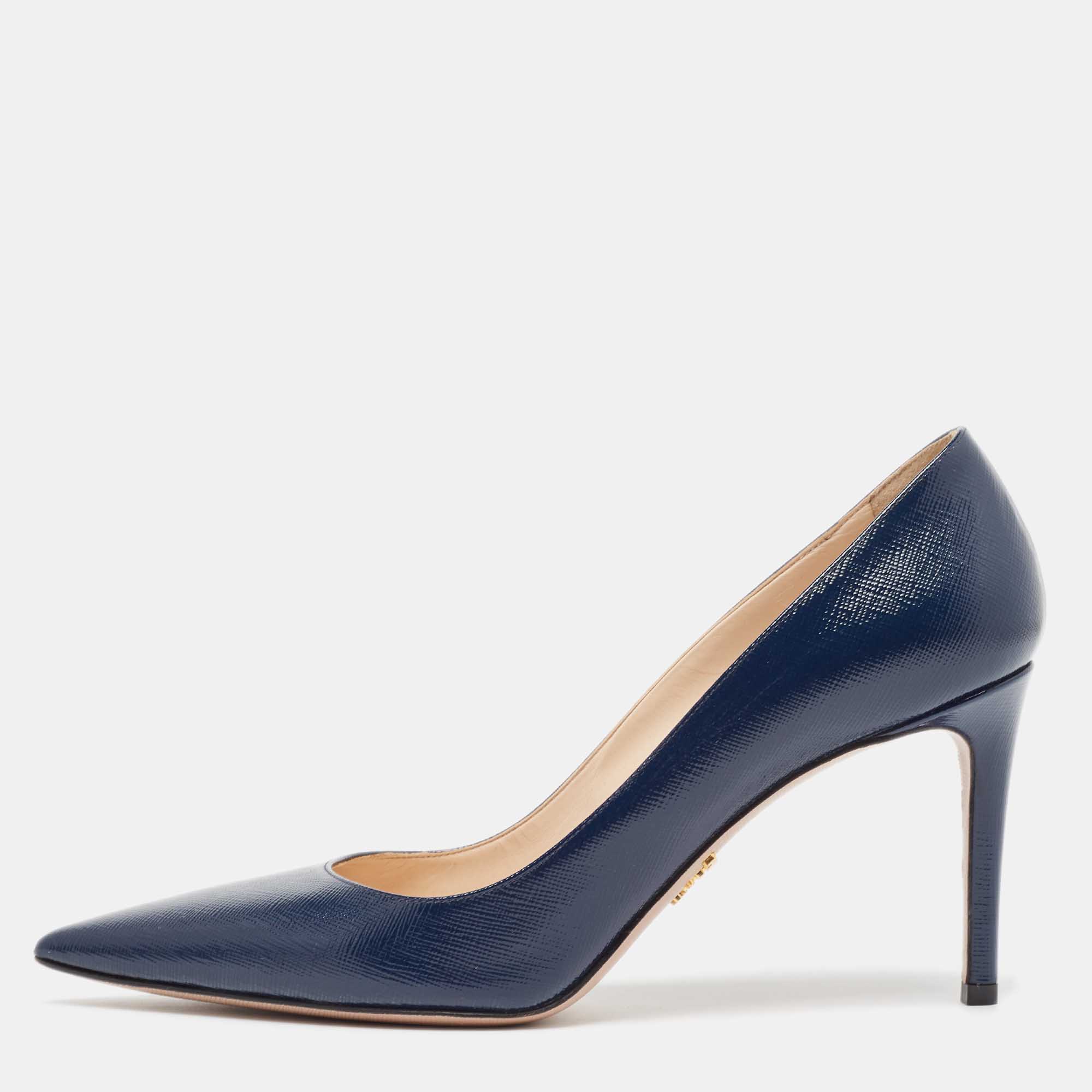 

Prada Navy Blue Saffiano Vernice Leather Pointed Toe Pumps Size