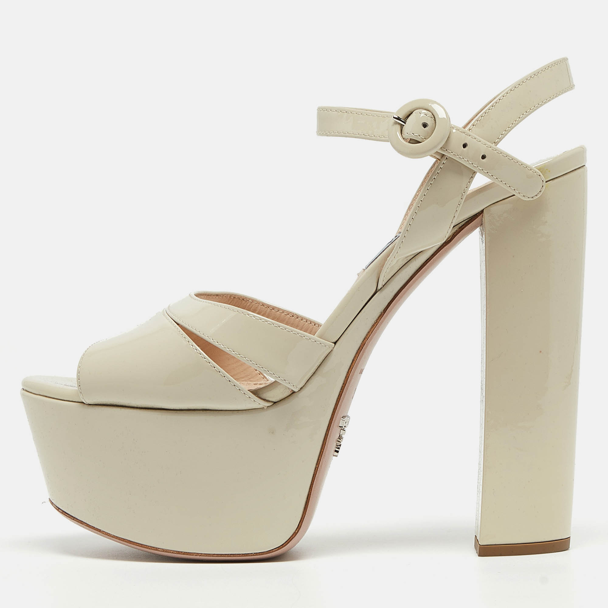 Pre-owned Prada Cream Patent Leather Platform Block Heel Ankle Strap Sandals Size 37.5