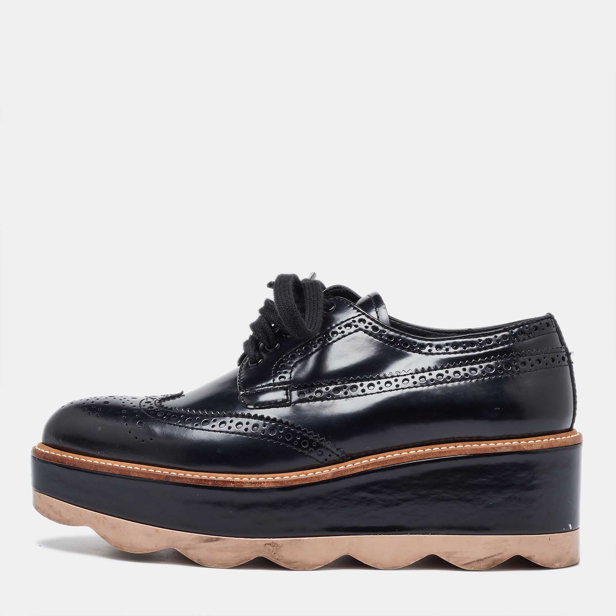 

Prada Black Brogue Patent Leather Wave Wingtip Platform Derby Sneakers Size