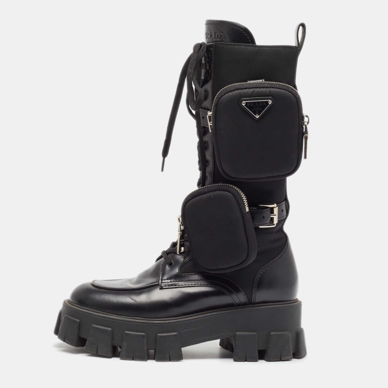 

Prada Black Leather and Satin Monolith Mid Calf Boots Size