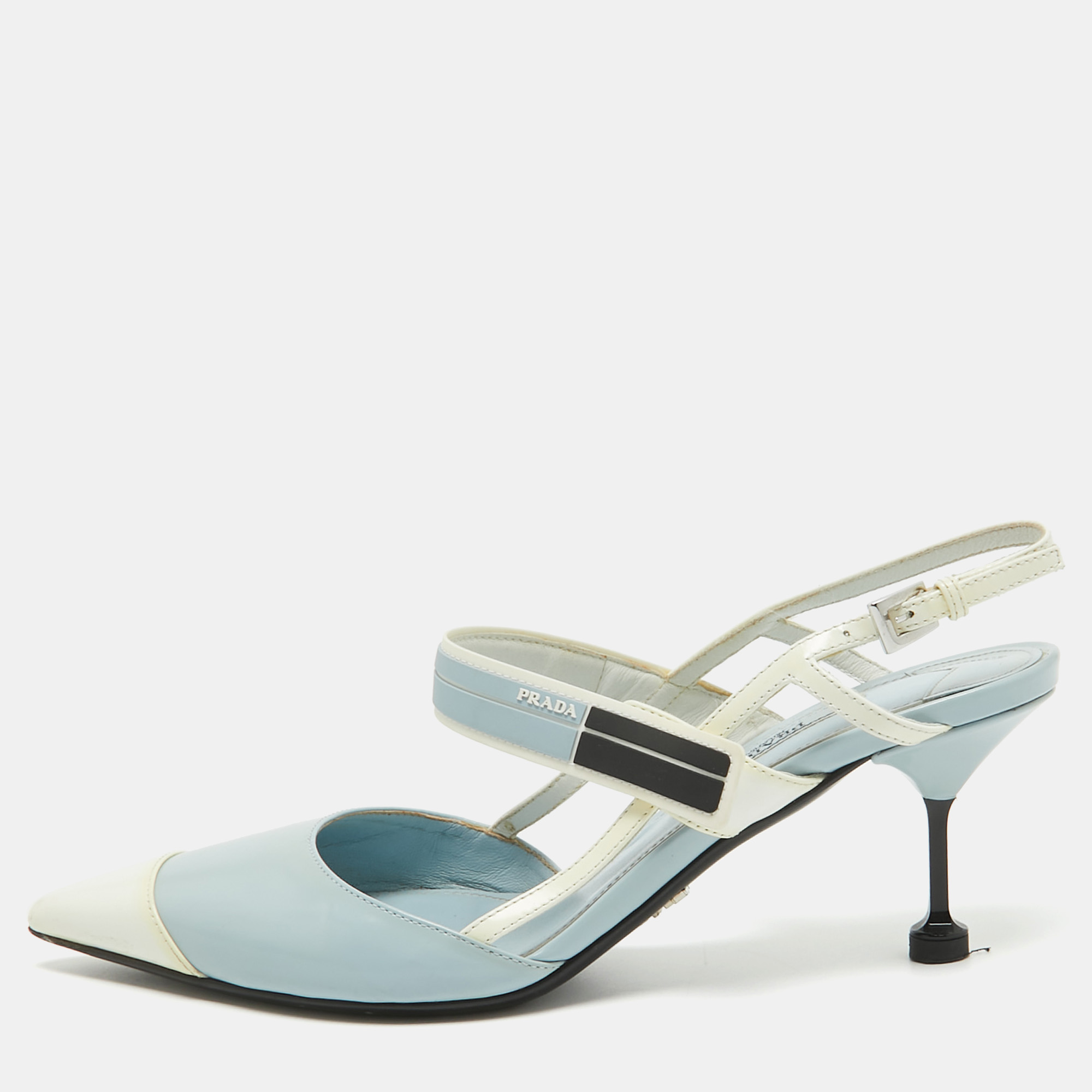 

Prada Light Blue/White Leather and Rubber Pointed-Toe Slingback Pumps Size