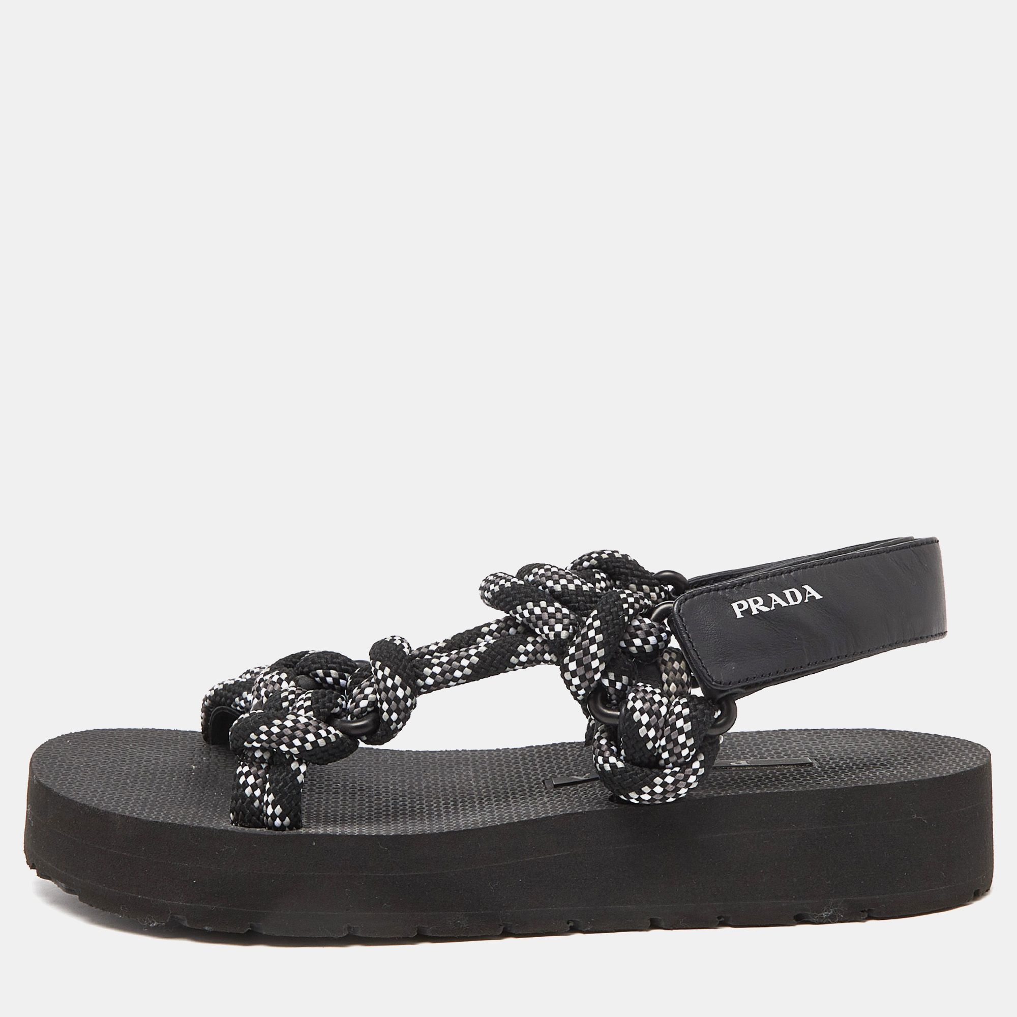 

Prada Black/White Leather And Rope Donna Nastro Platform Velcro Strap Sandals Size