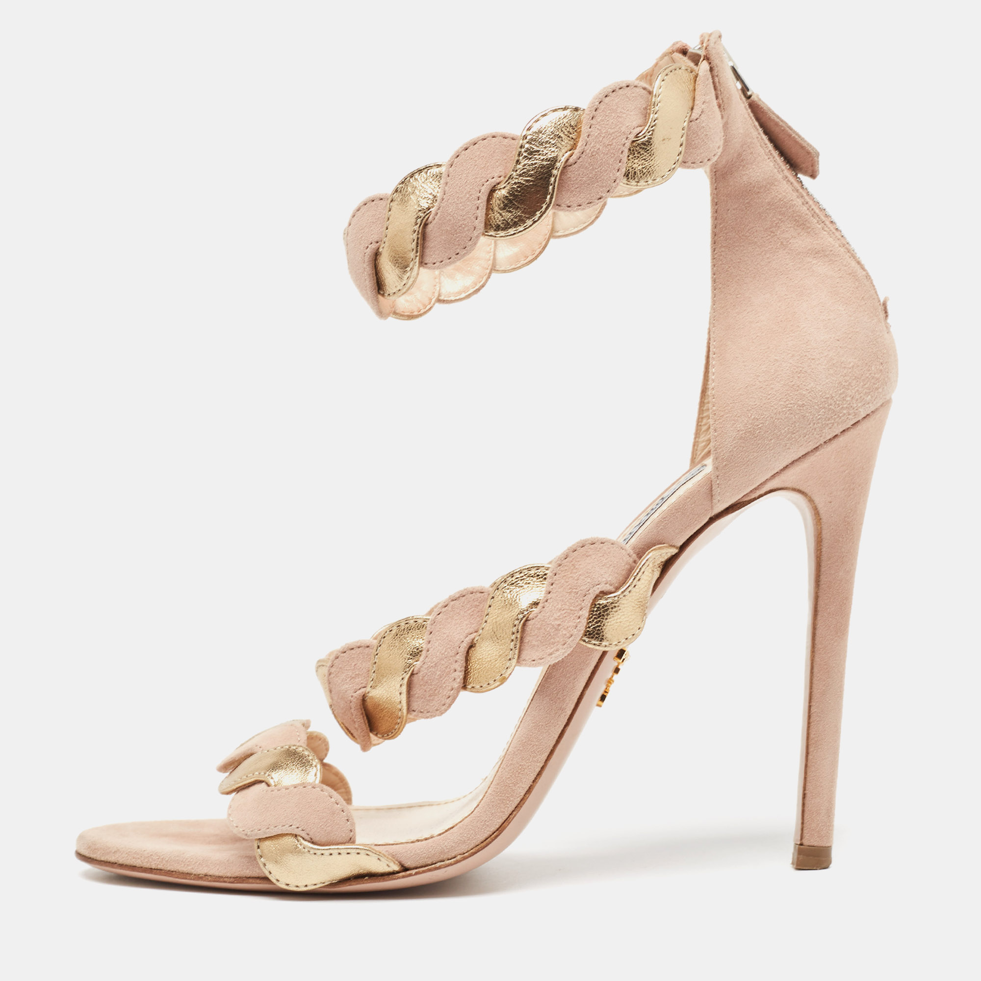 

Prada Beige/Gold Suede and Leather Braided Ankle Cuff Sandals Size