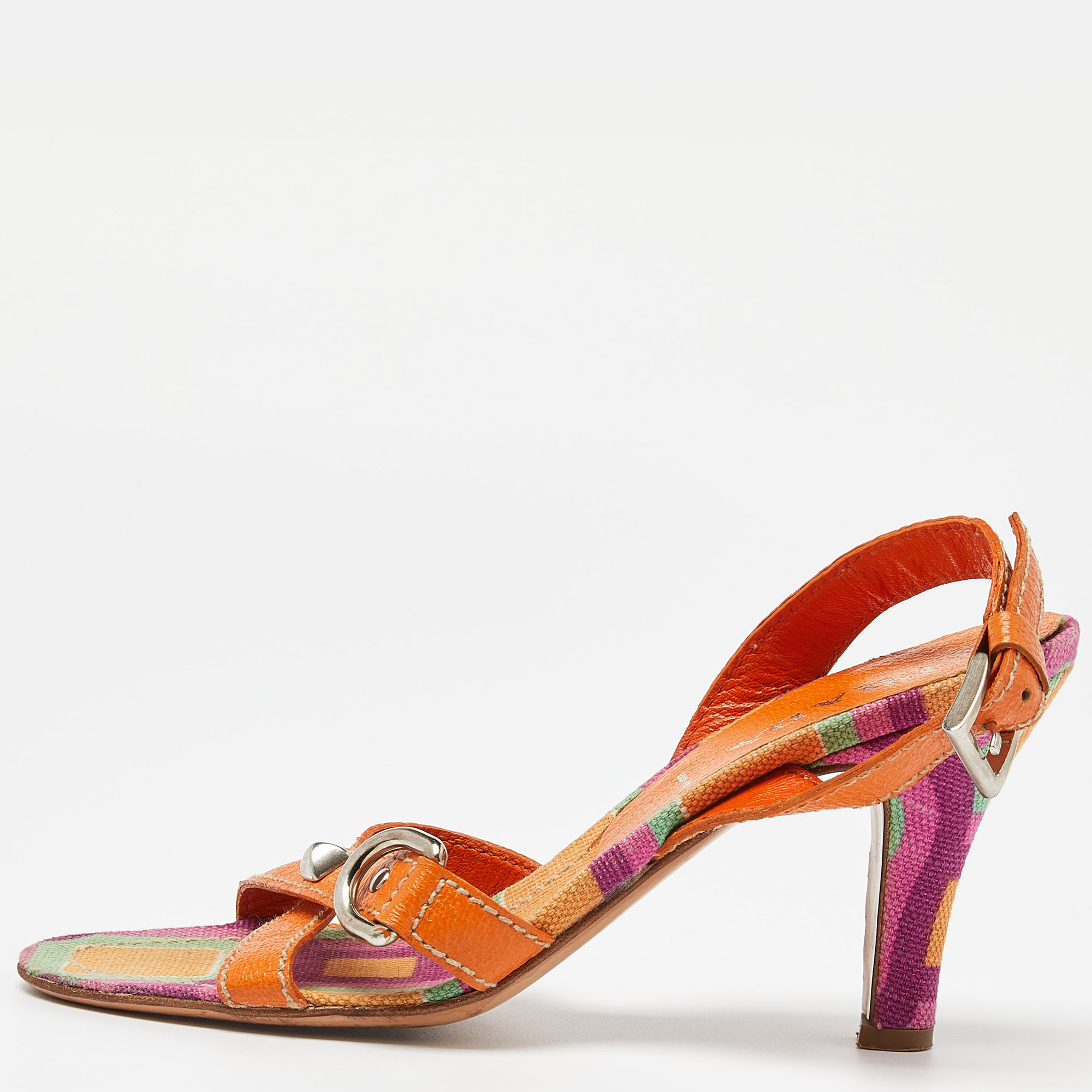 Pre-owned Prada Multicolor Leather Printed Ankle Strap Sandals Size 36 In Orange