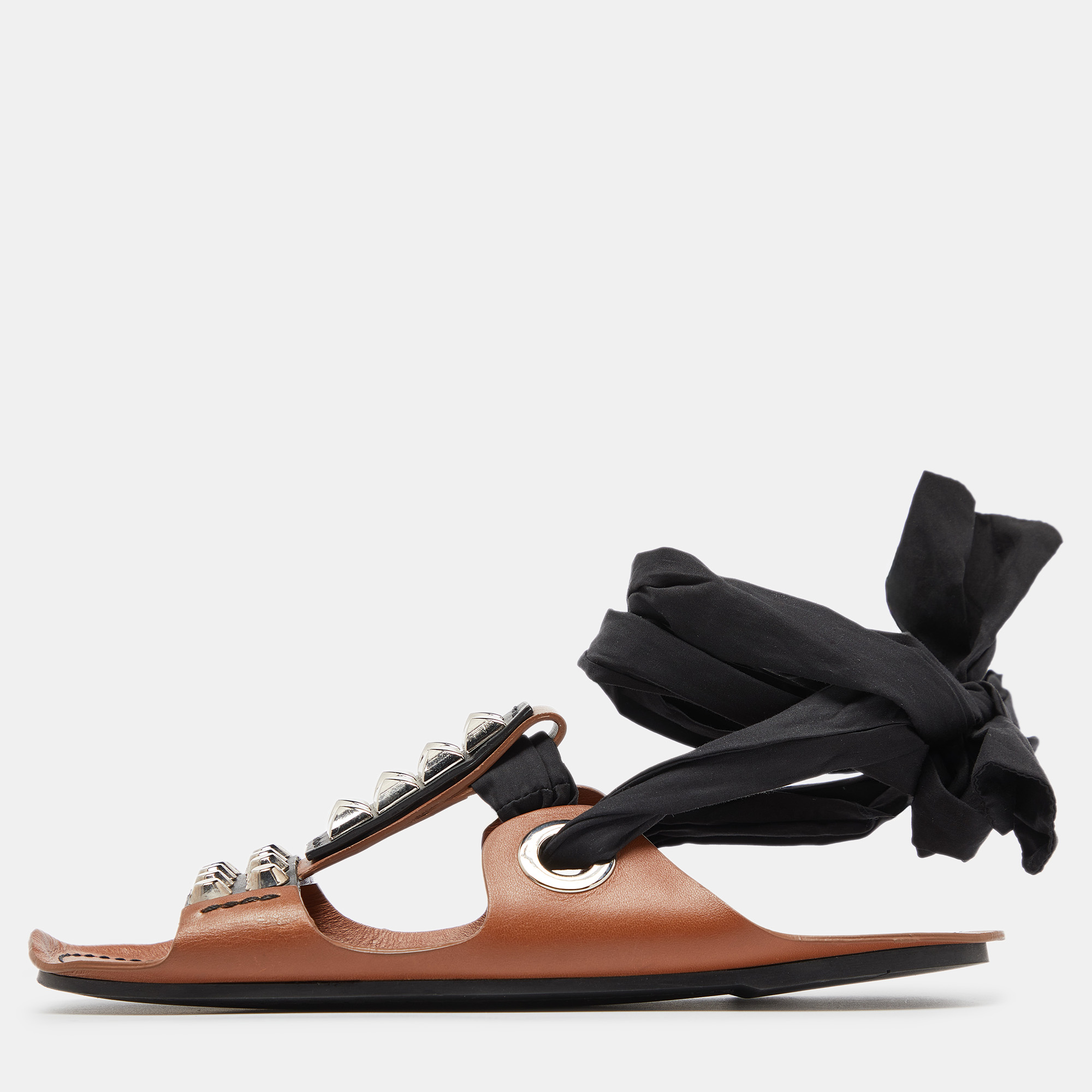 

Prada Brown/Black Leather Studded Ribbon Flat Sandals Size