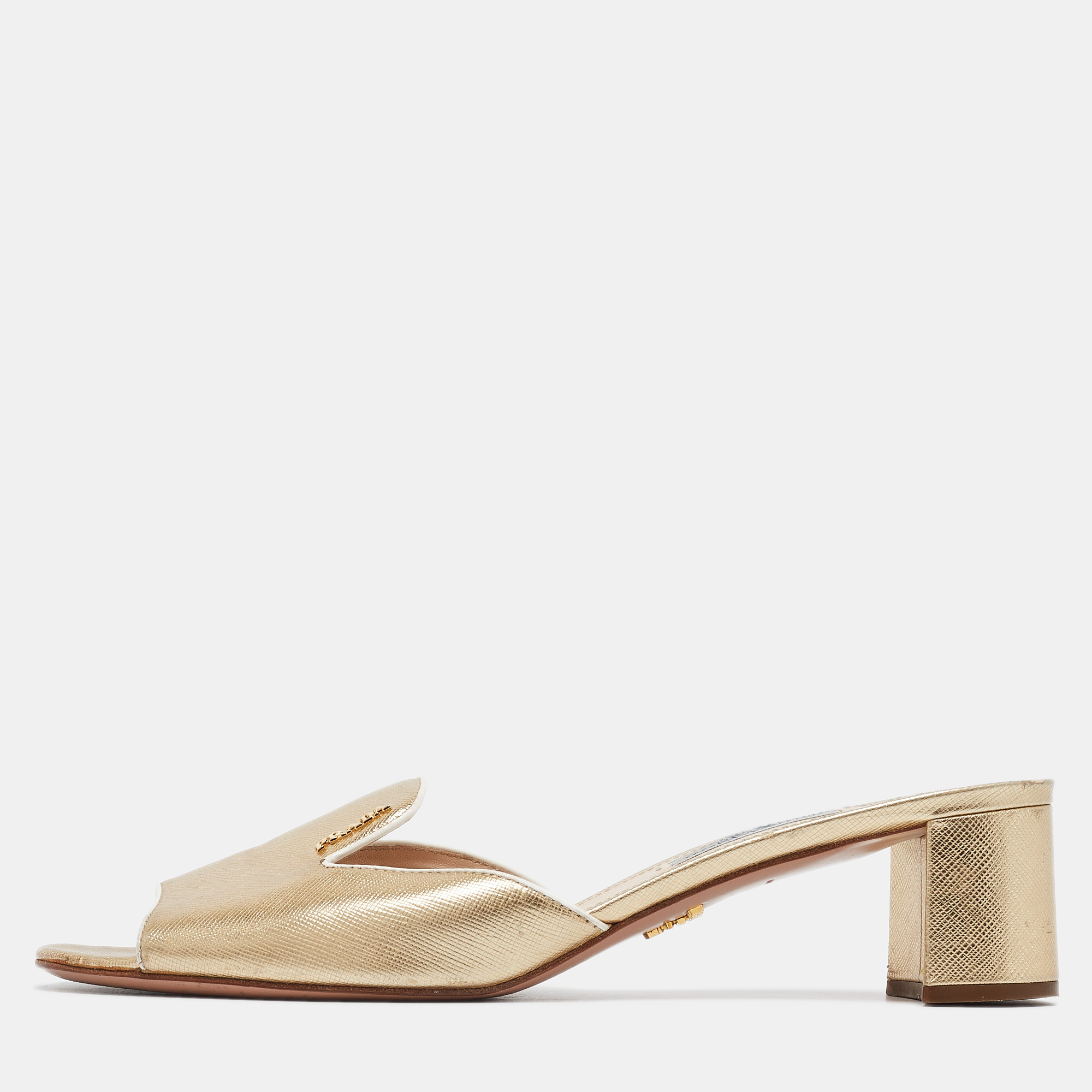 

Prada Gold Saffiano Patent Leather Logo Slide Sandals Size