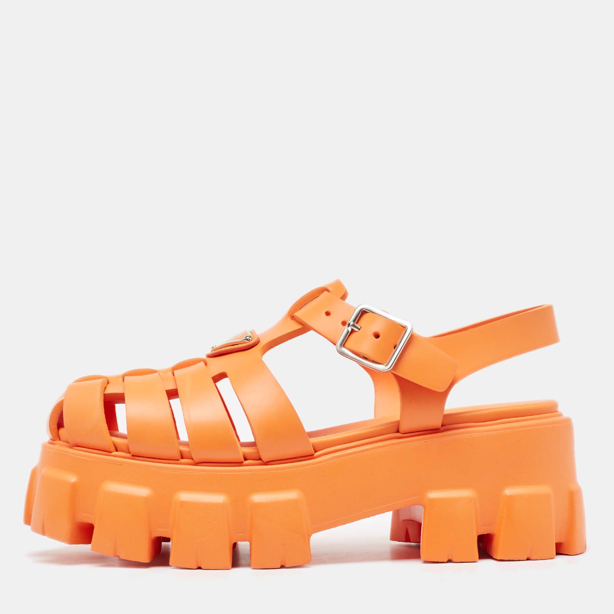 

Prada Orange Rubber Monolith Sandals Size