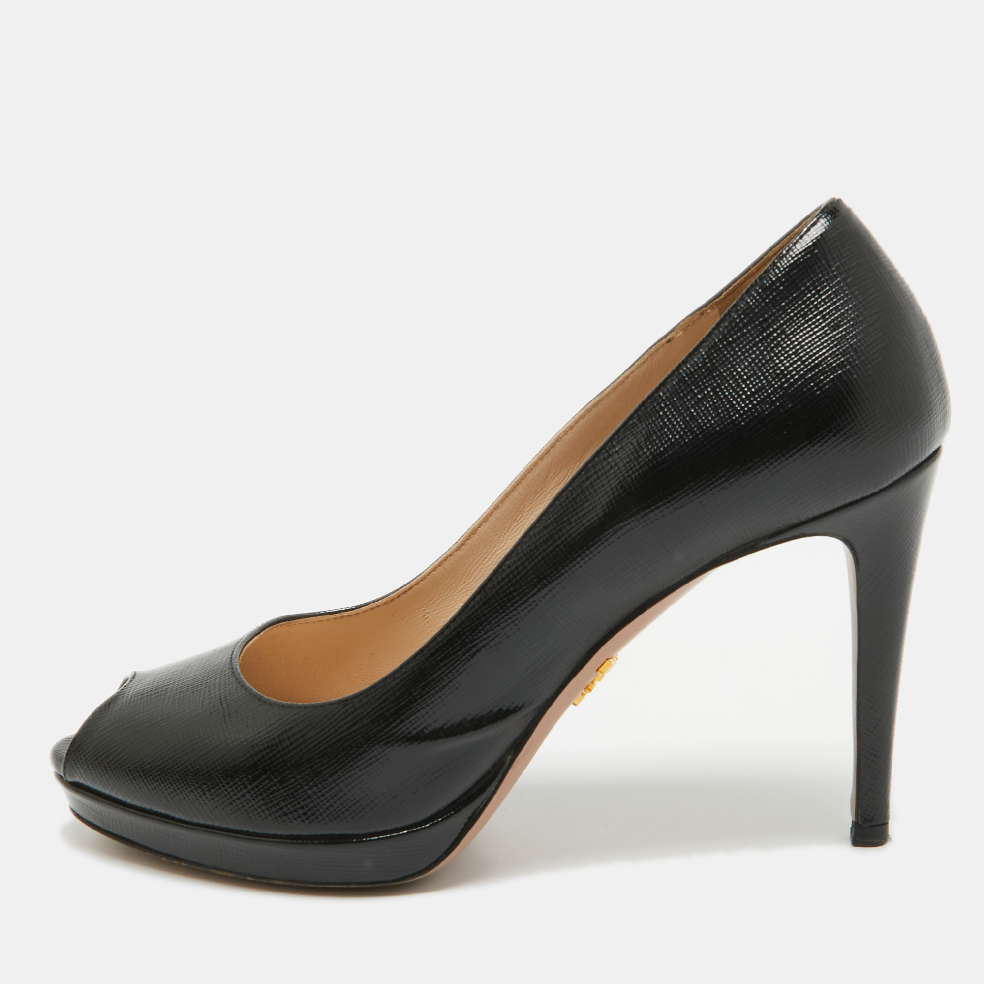 

Prada Black Saffiano Vernice Leather Peep Toe Platform Pumps Size