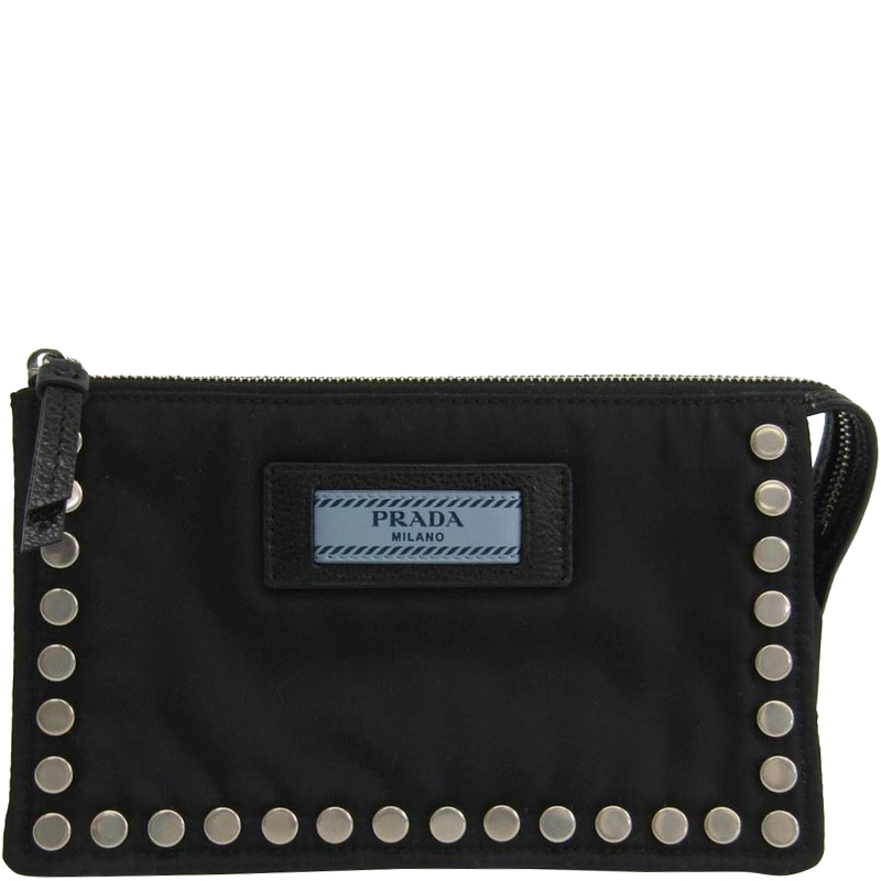 Pre Owned Prada Black Tessuto Nylon Studded Cosmetic Pouch