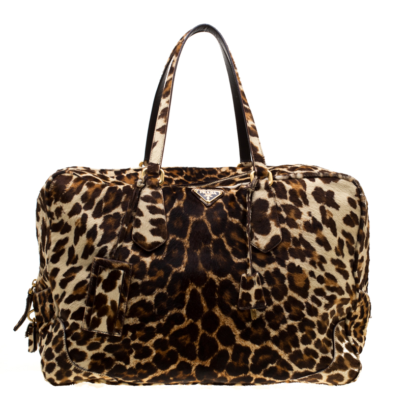 Prada Brown Animal Print Calf Hair Weekender Bag