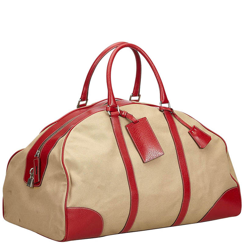 

Prada Beige/Red Canvas Leather Trimmed Weekender Travel Bag